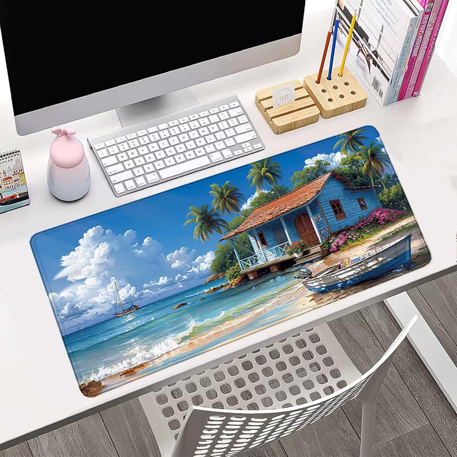 Biała podkładka pod mysz XXL 1200 x 600 mm, wodoodporna podkładka pod mysz ocean wzór szyte krawędzie design akcesoria biurowe antypoślizgowa gumowa podstawa powierzchnia dla graczy, biurko -hjw2506UN