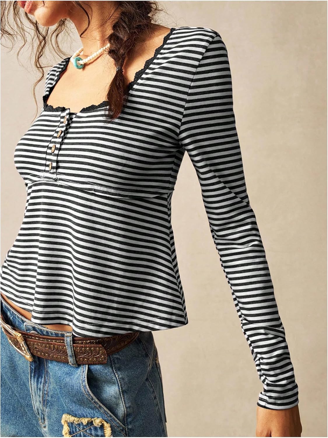 WDIRARA Women's Striped T Shirts Lace Trim Square Neck Long Sleeve Tee Ruffle Peplum Tops - Image 6