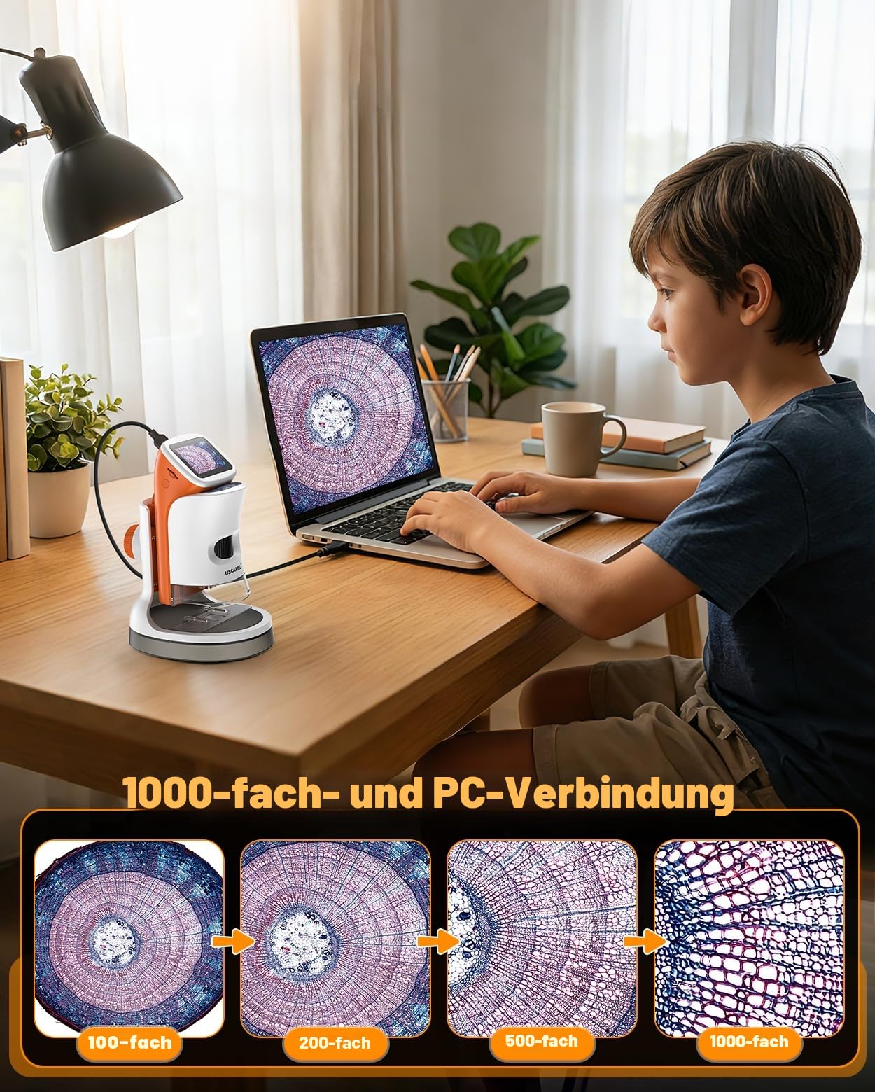 Mikroskop für Kinder mit Stand: Digitales Handmikroskop 100 – 1000 x: LCD-Display 4 K, 2,0 Zoll, USB, tragbar, Taschenmikroskop, mit wissenschaftlichen Kits, 15 Folien, 32 GB Speicherkarte
