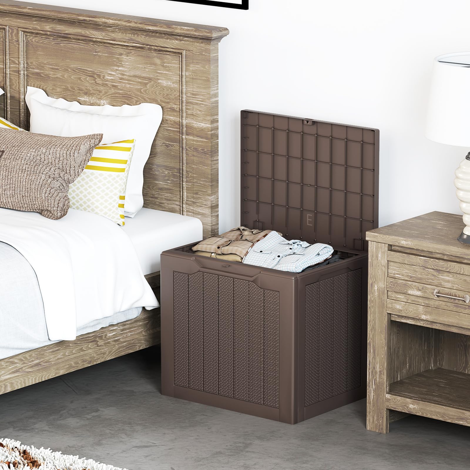 HOMASIS Baule da Esterno Impermeabile 96L Cassapanca Contenitore con Coperchio Rattan Marrone