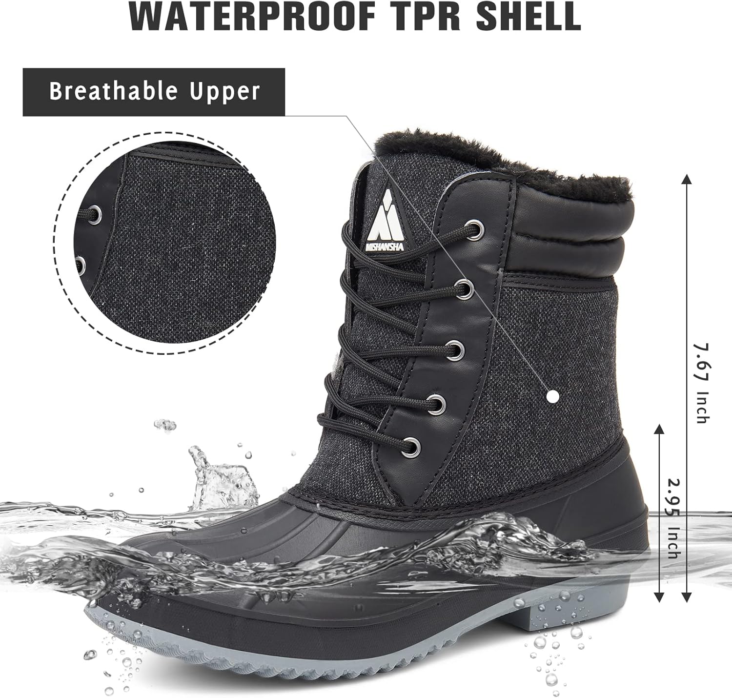 Women's Snow Boots Mid Calf Insulated Duck Boot Cold Weather Winter Shoes Warm Waterproof Non Slip 8 Carbon Black