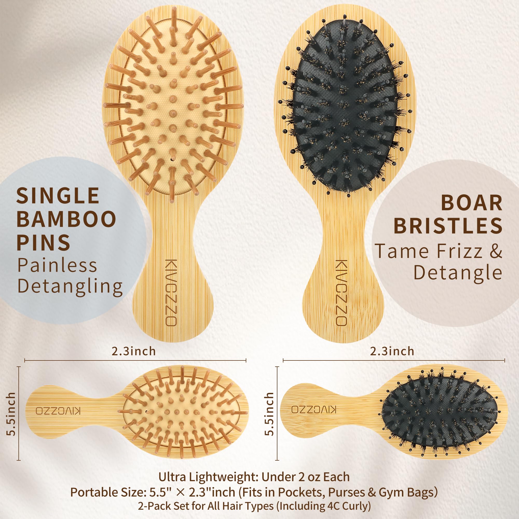 Mini spazzola per capelli in bambù, 2 pezzi, con setole di cinghiale e forcine singole, districante per massaggi, piccole dimensioni da viaggio per capelli spessi/ricci, spazzola tascabile