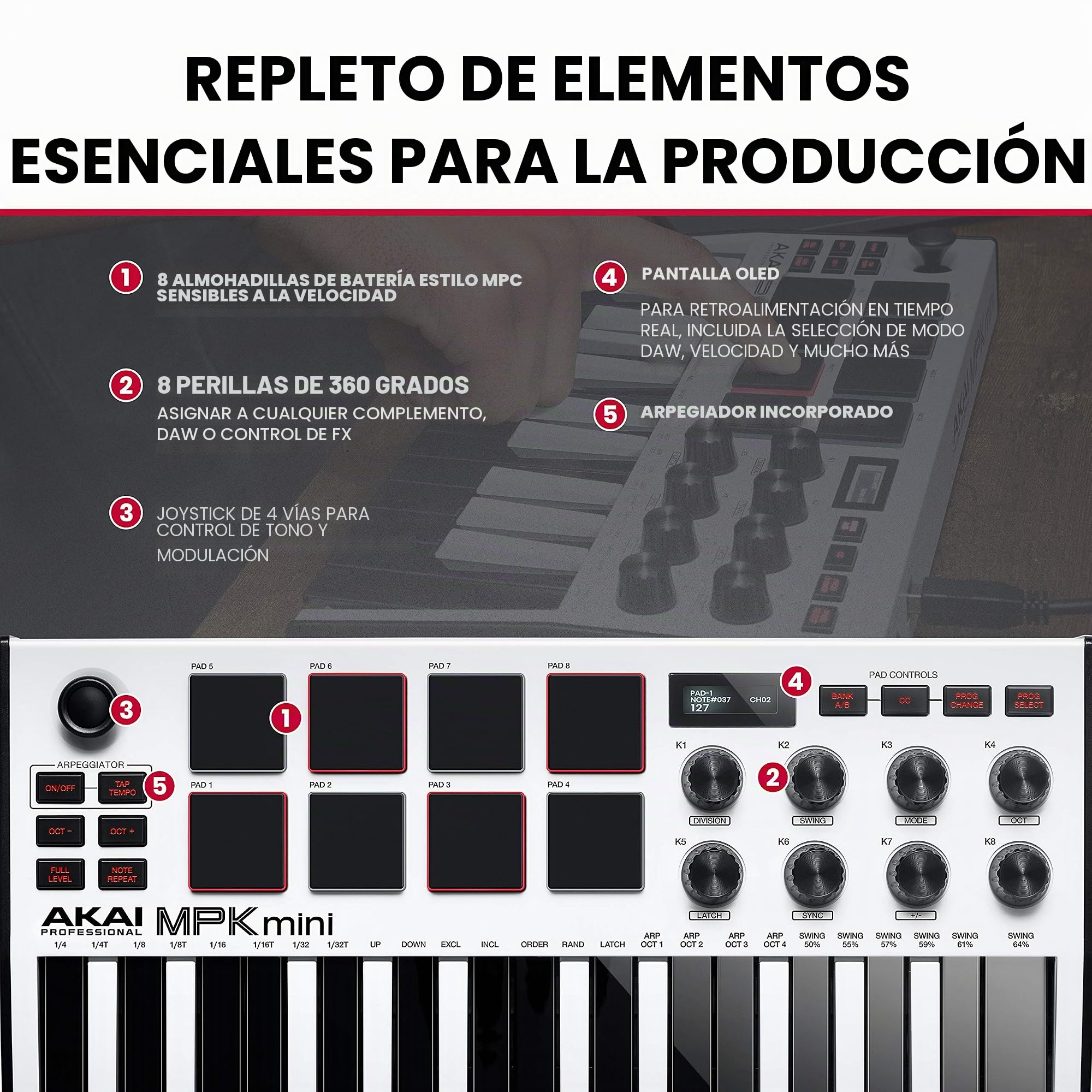 Akai Professional MPK Mini MK3 White + M-AUDIO SP-2 - Teclado controlador MIDI USB con 25 teclas, 8 drum pads y software + Pedal de sustain