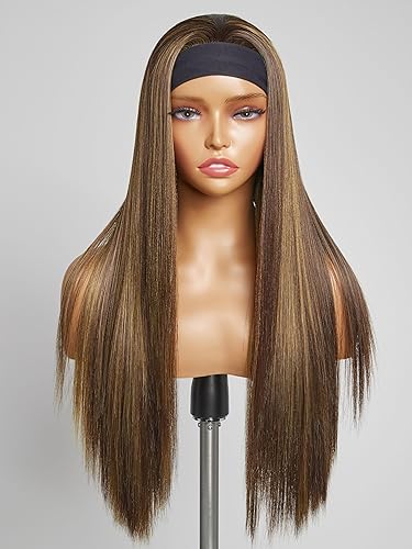 GORGIUS Glueless Straight Headband Wig Brown Highlight Wig with Head Band Put On and Go Synthetic Headband Wig Mix Colored 20 Inch Long Straight Wig (Color 4/27) - 20 Inch Straight Wig|Color 4/2