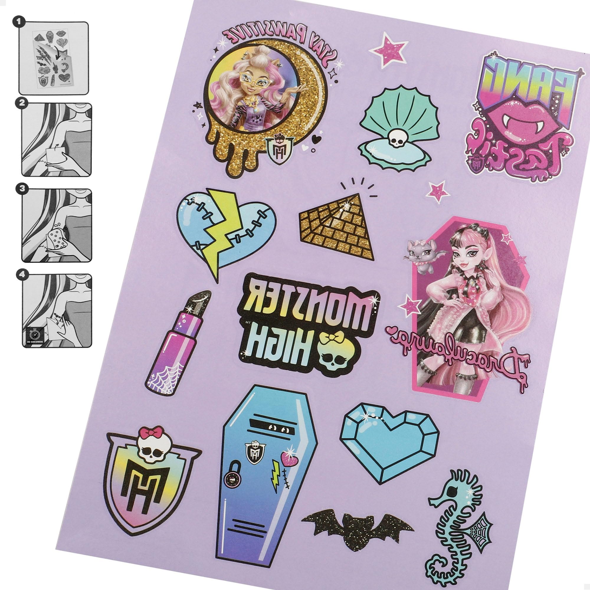 ColorBaby Monster High Beauty Set, Pędzel, Tatuaże, Sztuczne Paznokcie, Spinki do włosów i gumki, Kolorowe kredki do włosów, kolczyki samoprzylepne, błyszczyk i balsam do ust, makijaż dla dzieci, 3