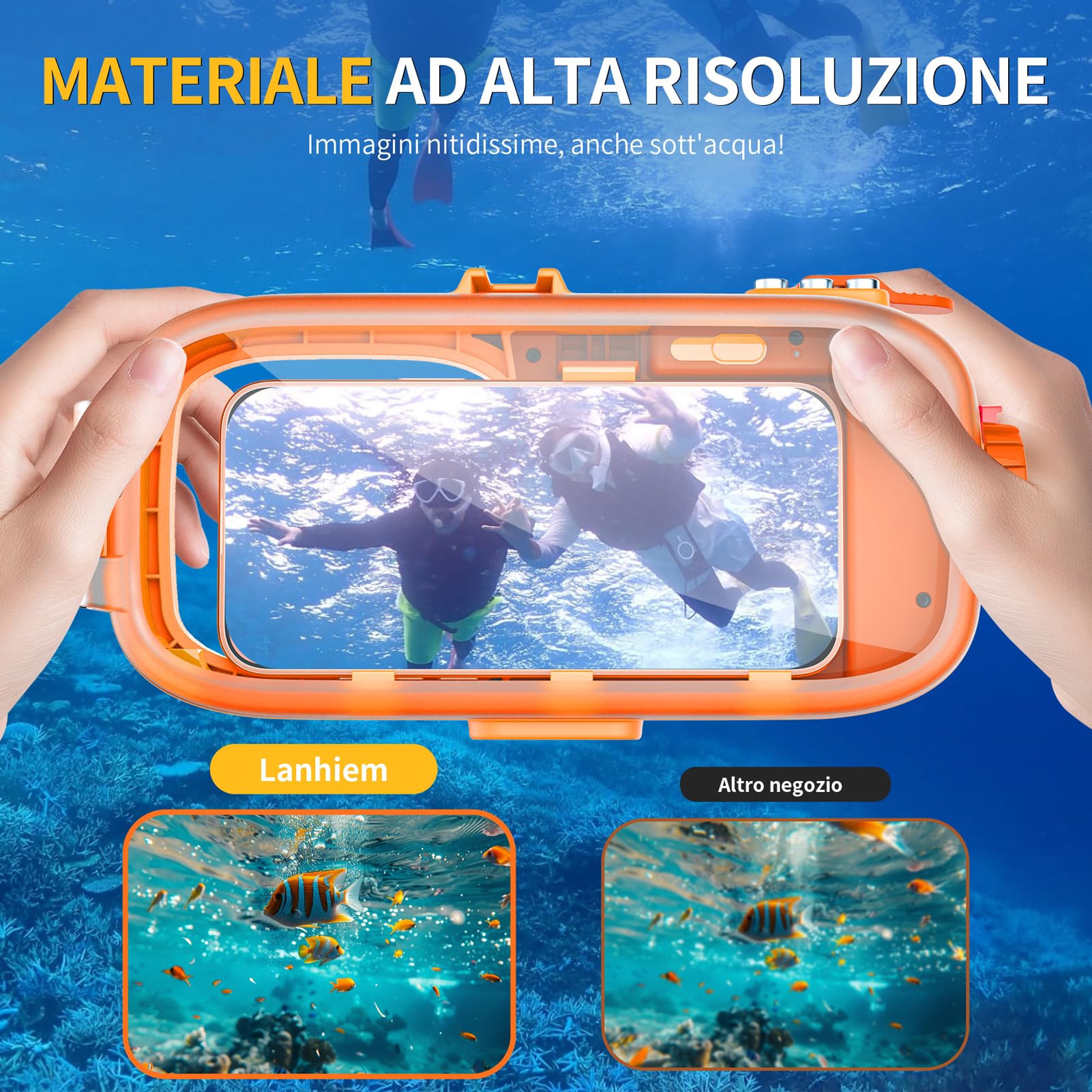 Lanhiem Custodia Impermeabile Professionale Subacquea IP68 15M - Per Telefoni iPhone,Samsung,Huawei e Xiaomi (fino a 6,9") Controllo Fotografico Bluetooth per le Vostre Avventure,Arancione