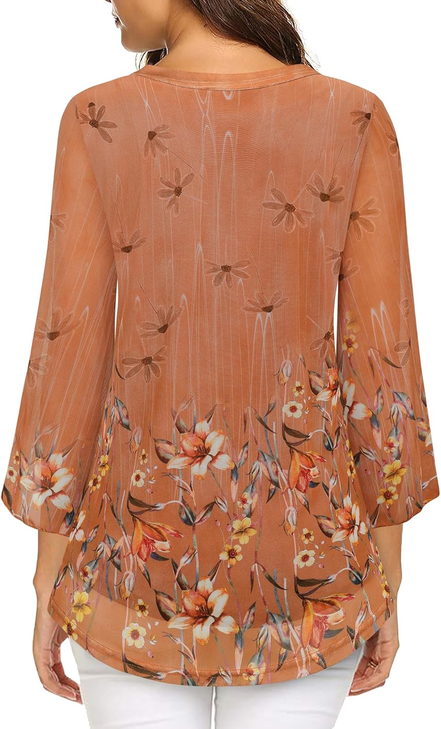 VALOLIA Women's 3/4 Sleeve Floral Tunic Tops V Neck Double Layers Loose Fit Mesh Blouses Shirt - Image 5