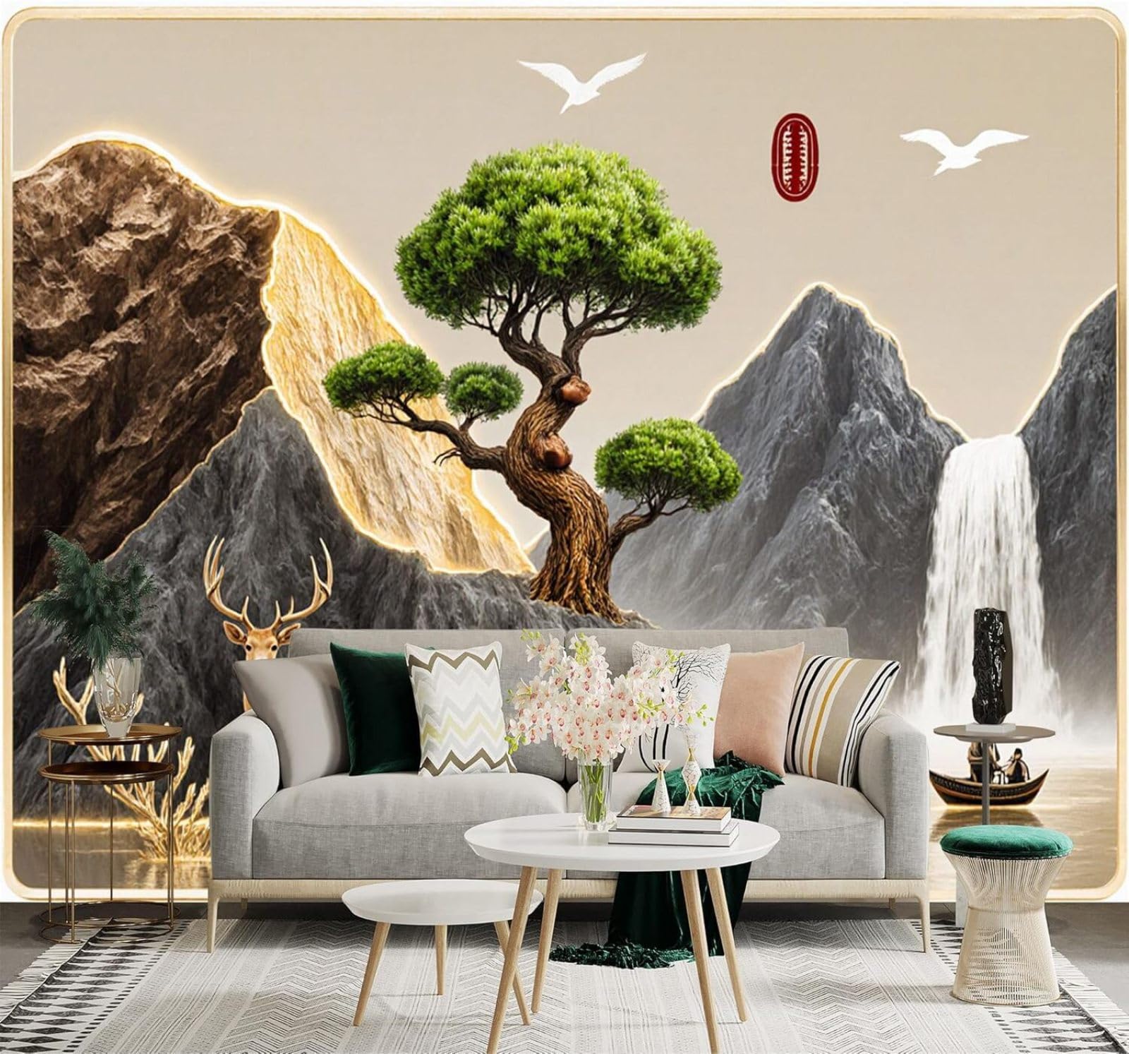 XLMING Deer Bonsai Trees Lakes Waterfalls Mountain Scenery 3D Wallpaper Premium Textured Silk Study Dining Living Room Bedroom Sofa TV Wall Easy Install-400cm×280cm