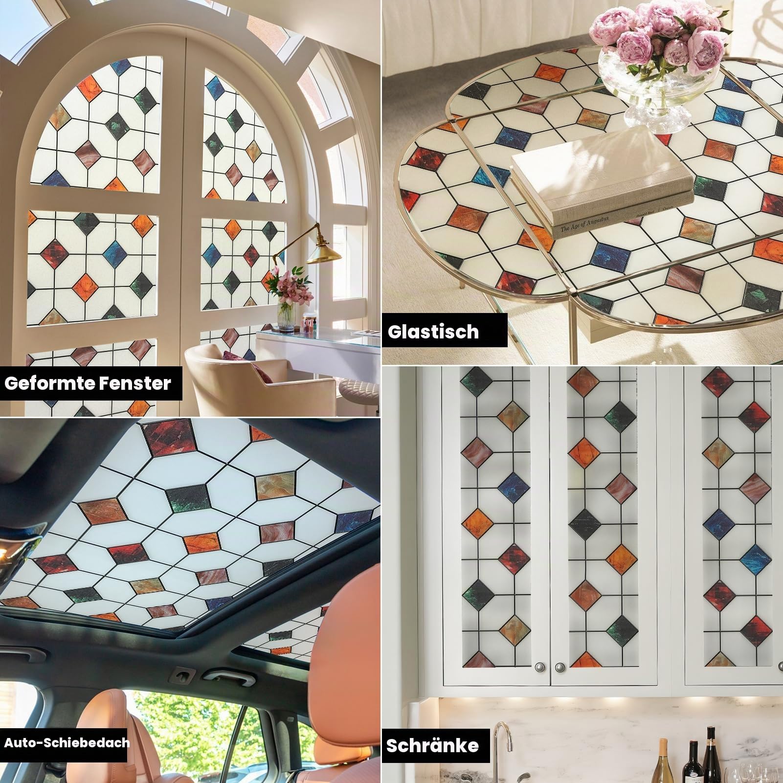 DKTIE Buntglas-Fensterfolie, geometrische Muster, 89,9 x 300 cm