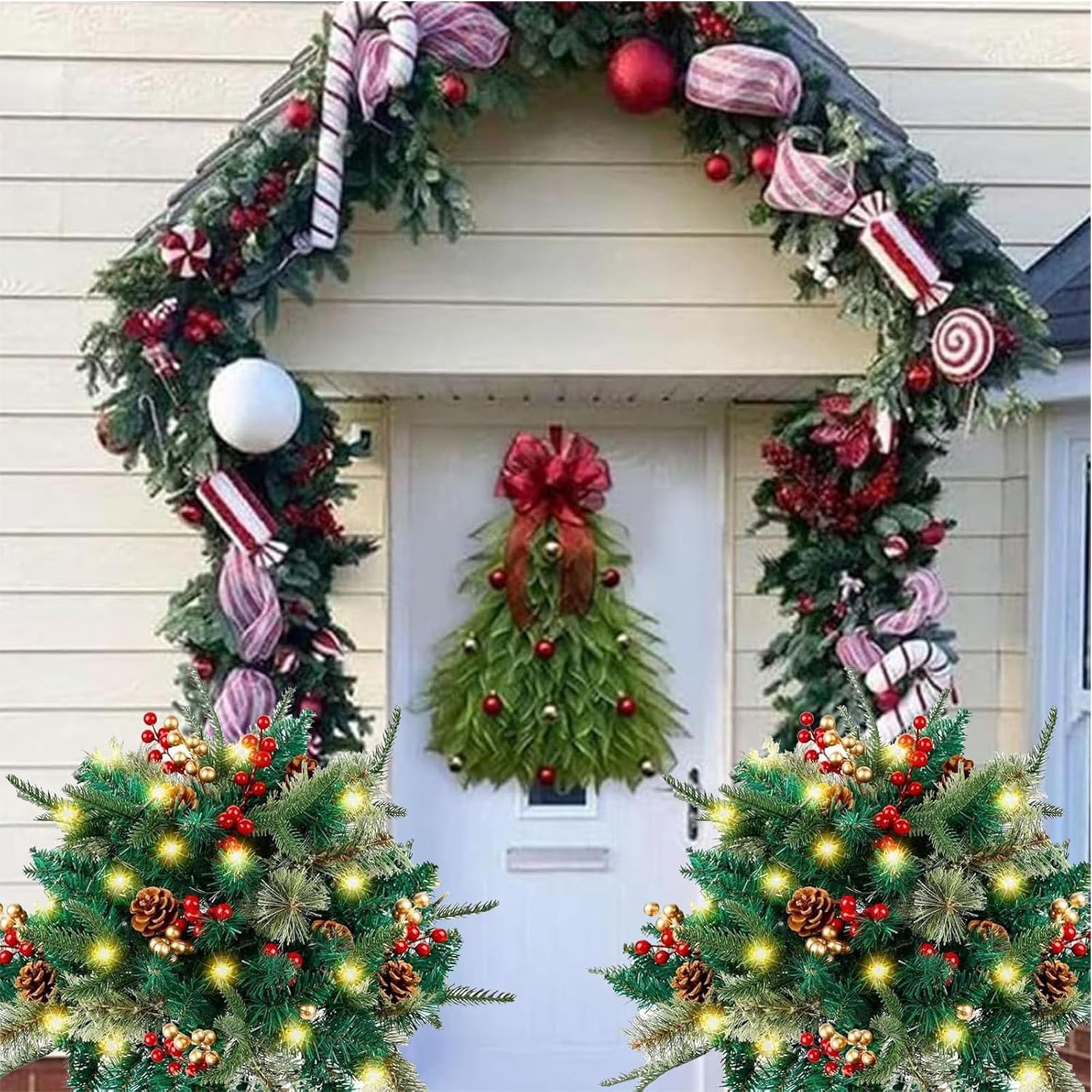 Maceta preiluminada, arbustos navideños, maceta de Navidad para exteriores, decoración de Navidad con estaca de trípode con luces LED