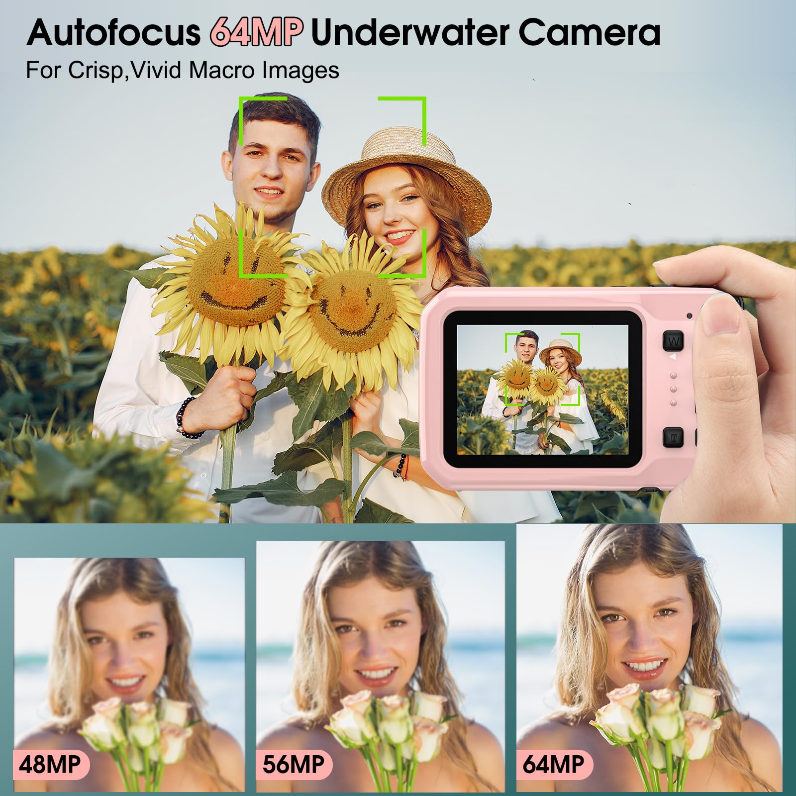 Caméra sous-marine 4K 16FT étanche avec carte de 32 Go 64 MP autofocus double écran selfie pour la plongée en apnée