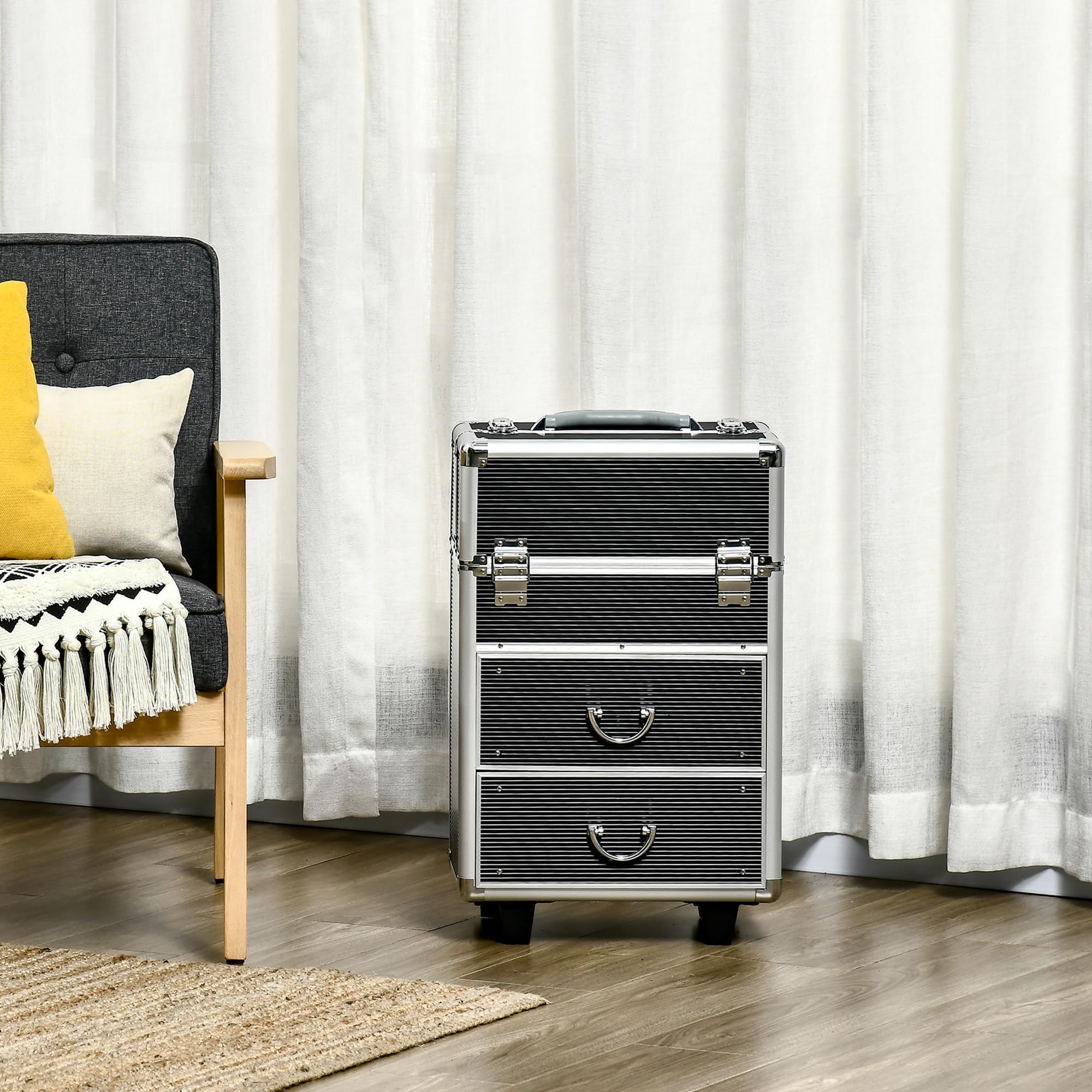 HOMCOM Valigetta Porta Trucchi Professionale, Trolley Make Up Rinforzato in MDF, Alluminio e Acciaio, Blocco con 2 Chiavi e Ruote, 36x23x58 cm, Nero