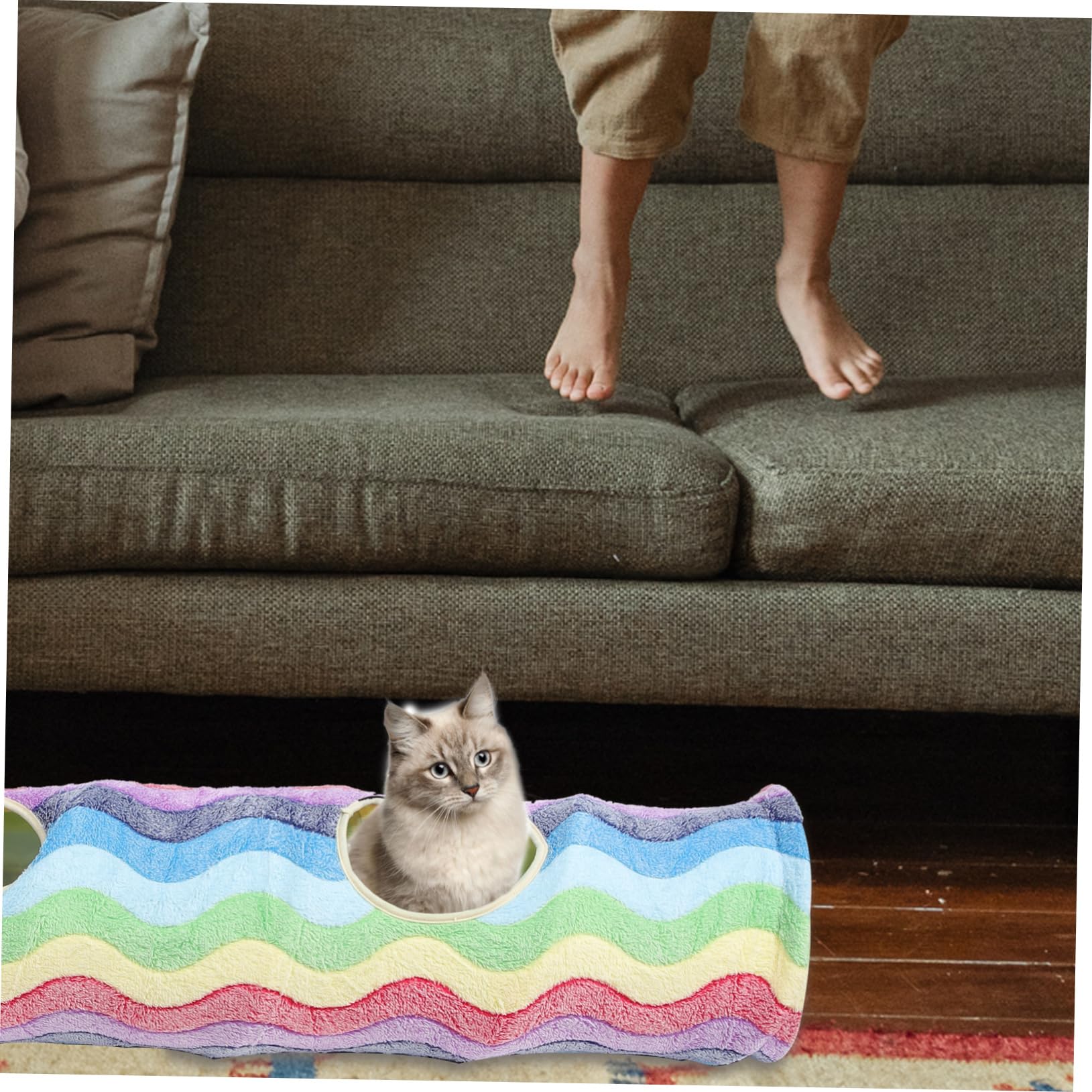 TOYANDONA Faltbarer Katzentunnel Animierendes Katzenspielzeug aus Weichem Flanell mit Regenbogenmuster für Bewegung und Spielerisches Training der Katze