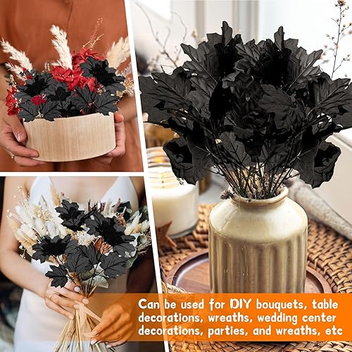Miniatura 3 de Ramas de Halloween, paquete de 2 ramas de flores artificiales negras, tallo de flor de hoja de arce falsa, ramas de ramo de flores artificiales