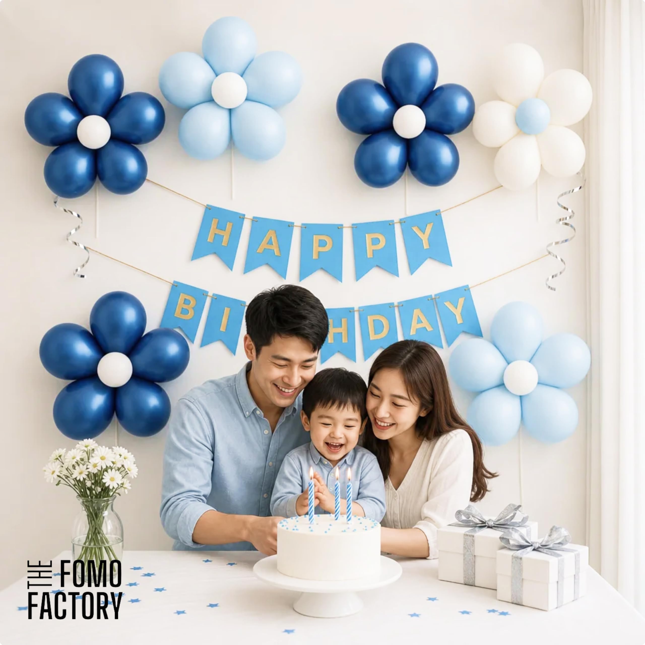 The FOMO Factory 8 Pcs Flower Balloon Clips + 50 Pcs Metallic Chrome Balloons - Blue Birthday Decoration Items with Blue HBD Banner | Party Accessory Kit for Kids Birthday Cute (BlueFC) 4