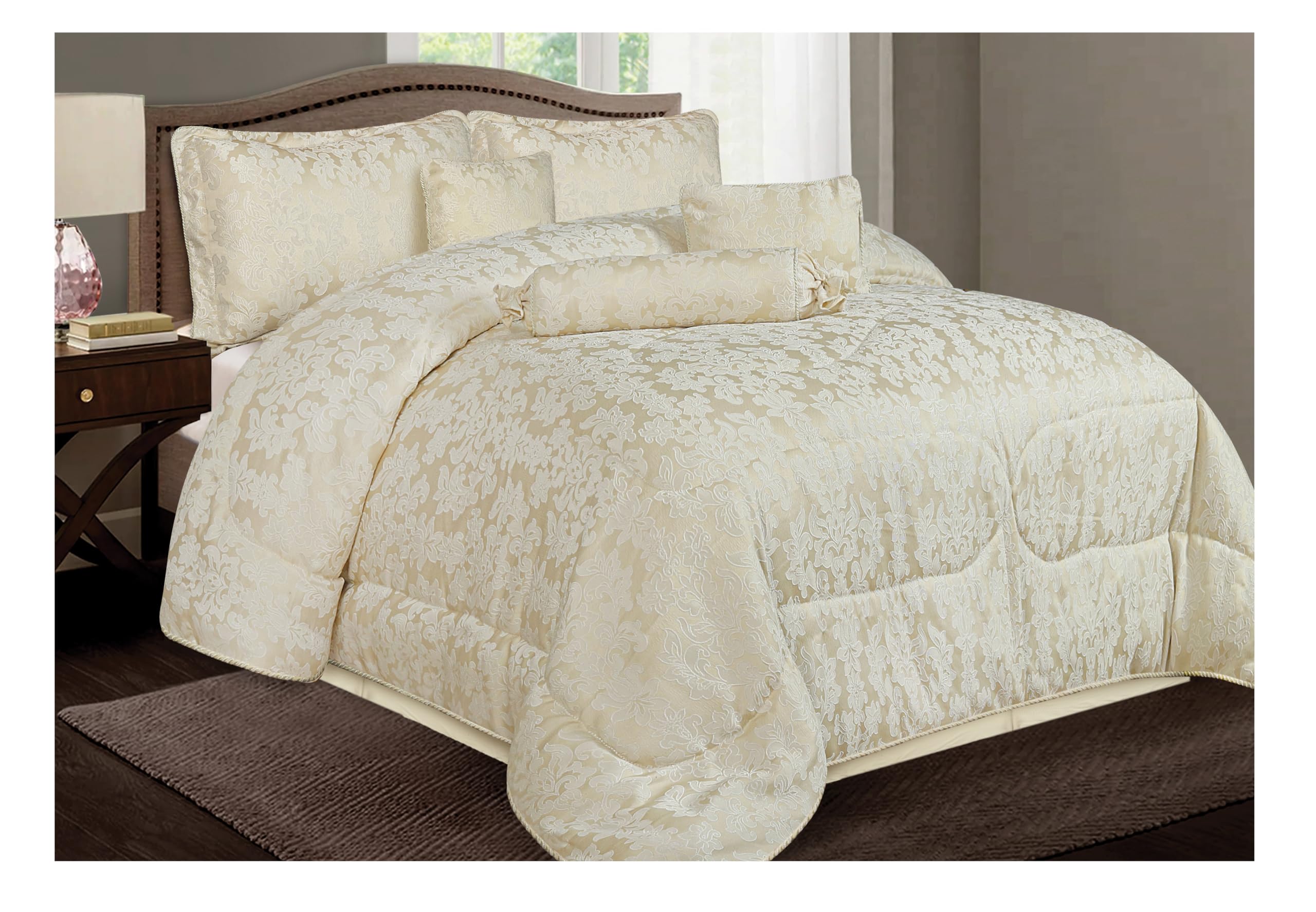 Opulent Living 7-Piece Jacquard Floral Comforter Bedding Set – Includes Bedspread, Valance Sheet, Pillow Shams, Cushion Cover, Decorative Pillow & Neck Pillow (Cream, Double, Leaf) — image 1