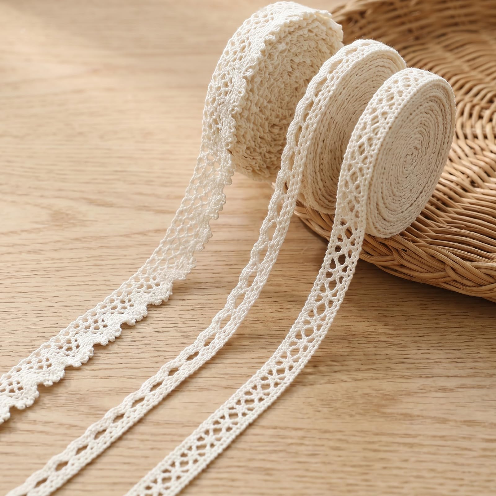 RAHHLIZS 3 Rolls 13.5m Vintage Cotton Beige Crochet Lace Trim