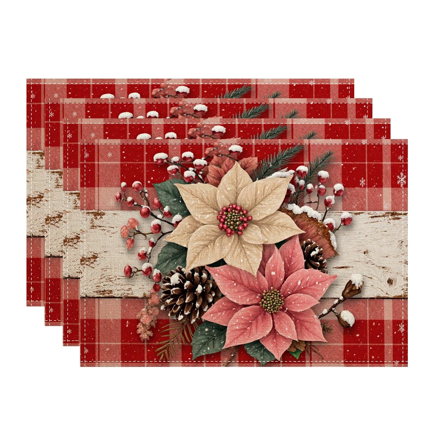 Christmas Poinsettia Placemats, Red Rustic Floral Place Mats for Dining Table, Winter Holiday Non-Slip Washable Indoor Outdoor Kitchen Party Decorative Placemat Set of 4