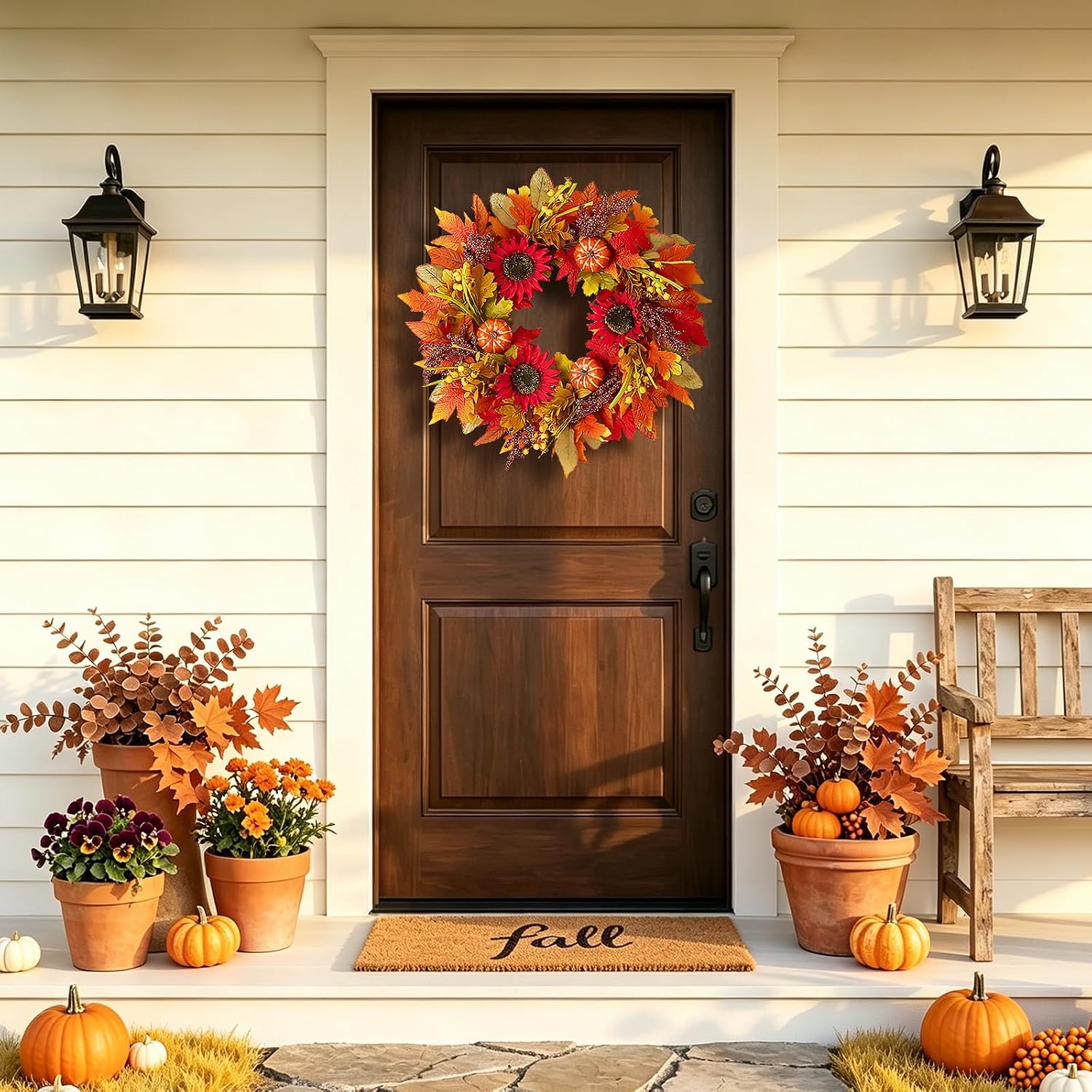 Fall Wreath for Front Door, Autumn Thanksgiving Sunflower Wreath Fall Decor
