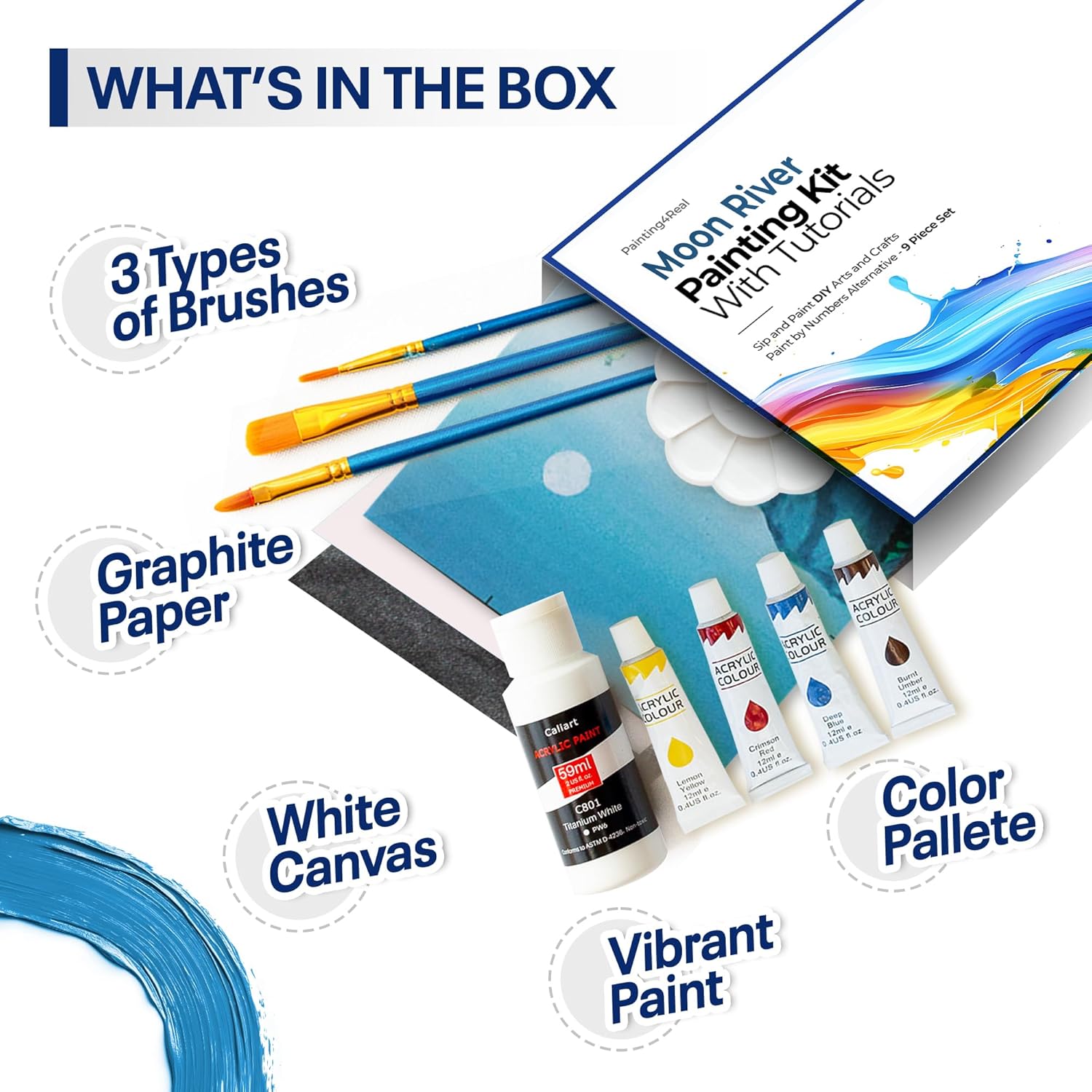 Painting4Real DIY Art Painting Kit for Adults – Learn to Paint Moon River with Video Tutorials – 9 Pieces Acrylic Paint Set for Adults –Perfect Christmas Crafts & Holiday Gifts for Art Lovers