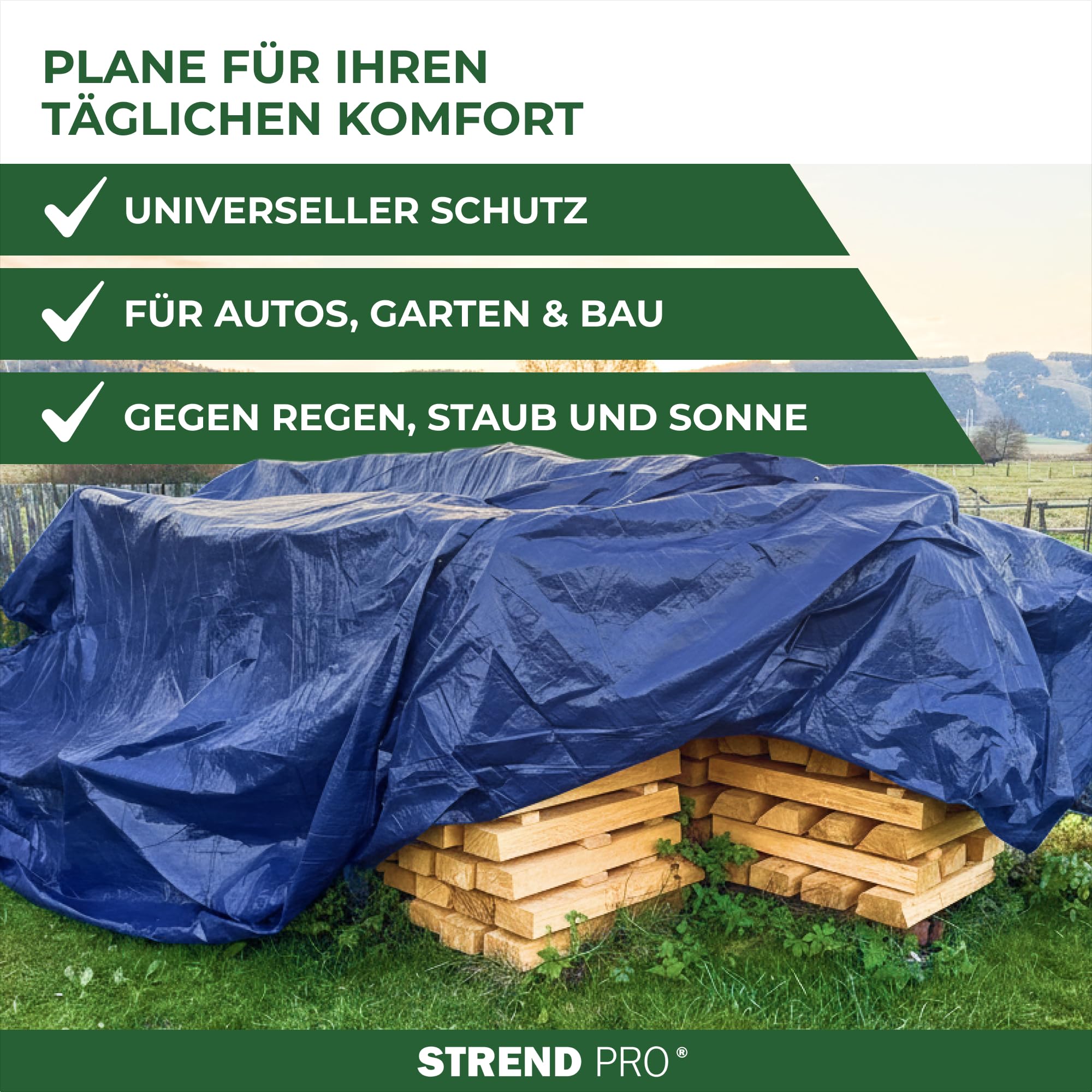 STREND PRO Abdeckplane 8x12 – Wasserdicht mit Ösen | Outdoor Gewebeplane Bauplane 65g/m² | Regenplane grün 8x12m| UV-beständig | Holzplane für Gartenmöbel, Zelt, Camping | Abdeckung Plane