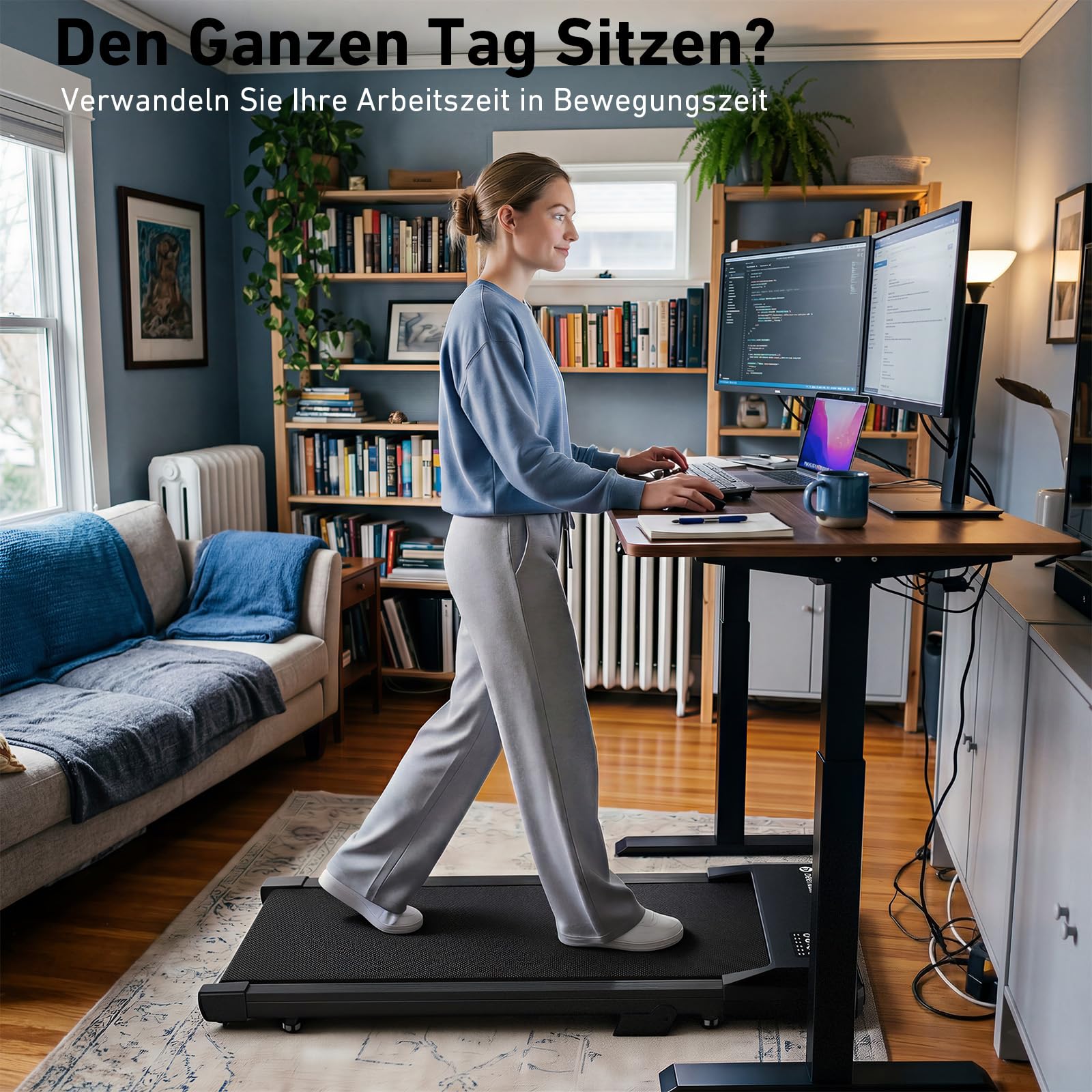 DeerRun Walking Pad mit 6% Steigung, Unter Schreibtisch Laufband für Home Office und Zuhause, Kompaktes Laufband mit App, Fernbedienung und LED-Anzeige, bis 136 kg