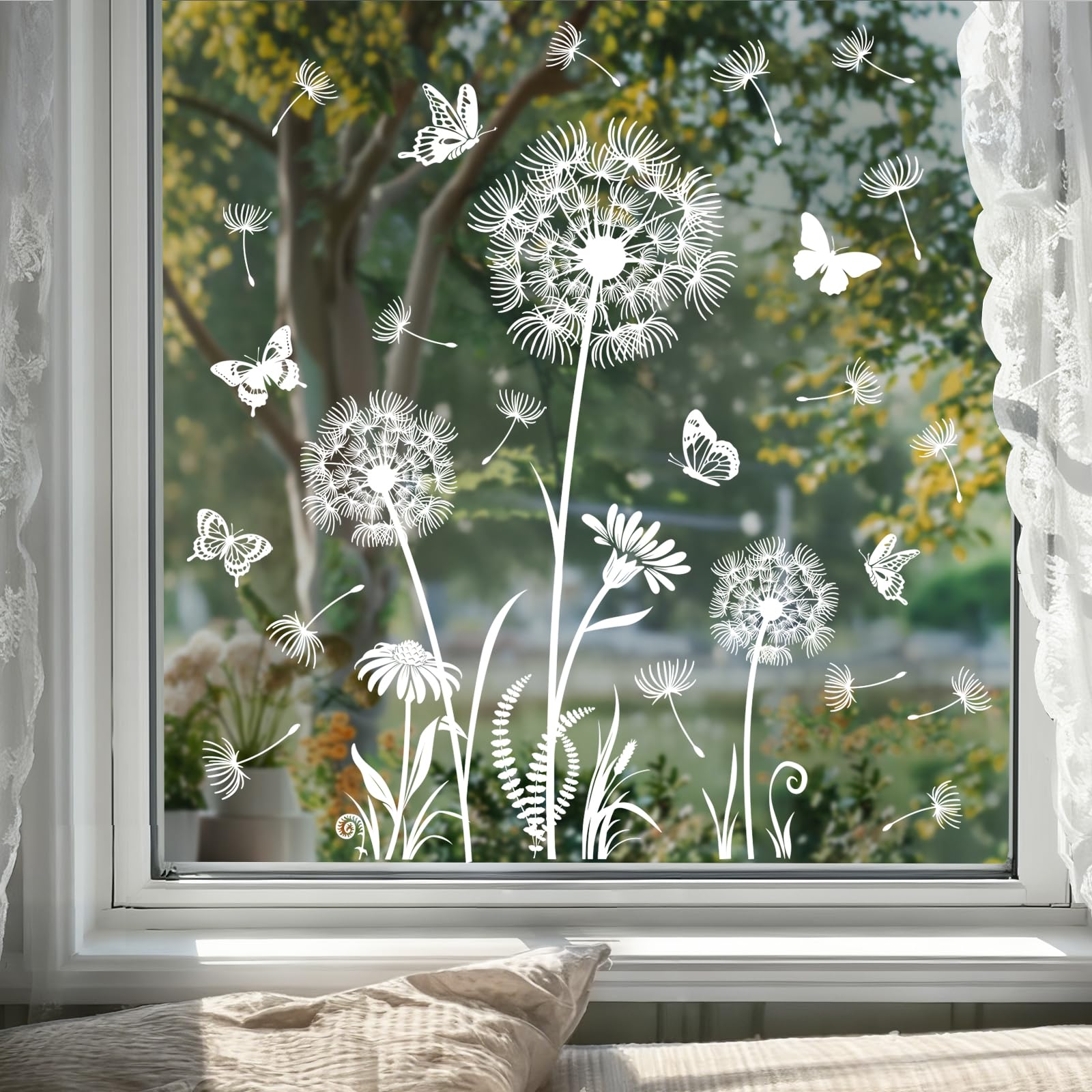 Tanlaby Fensterbilder Pusteblume Weiß Schmetterling Fensteraufkleber