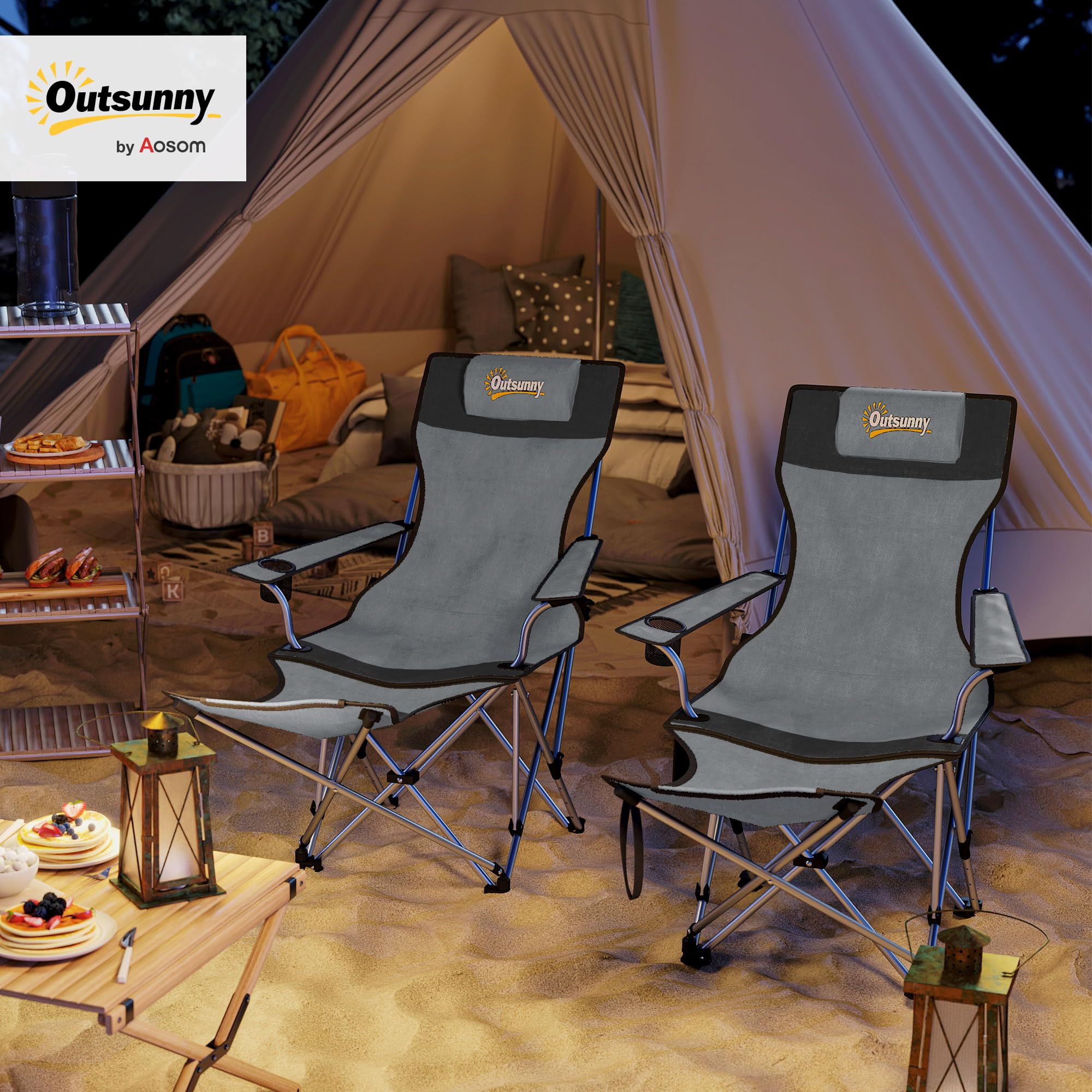 Outsunny Conjunto de 2 Sillas Plegables Camping Tumbonas Camping Portátiles con Reposapiés Desmontable Reposacabezas Portavasos y Bolsa Lateral Carga 120 kg para Jardín Playa Pesca Gris y Negro