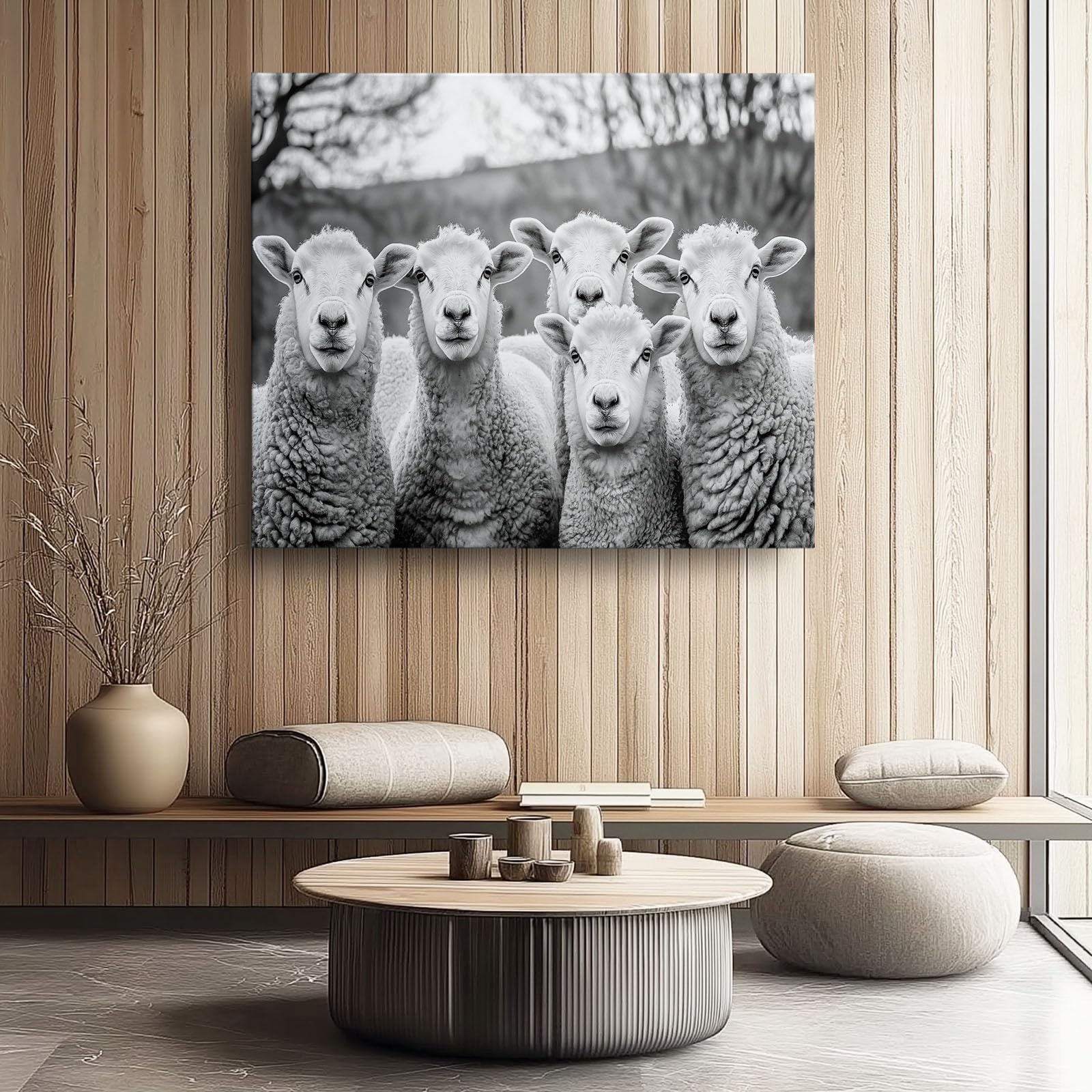 Quadro su Tela per Arredamento casa, Moderno, Bianco e Nero, per Bagno e Ufficio, con Dipinti e fotografie di Pecore, Stampa Artistica 100L x 50W cm