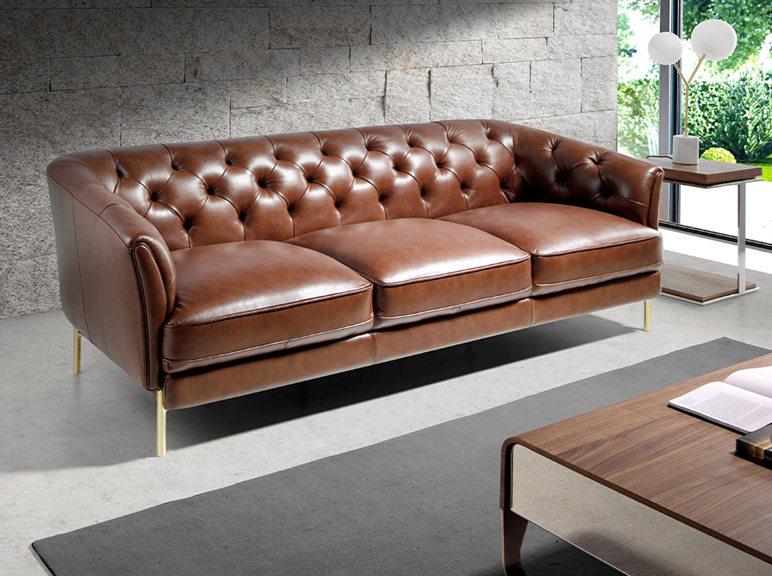 Angel Cerdá - Divano Design 3 Posti Pelle Cognac Capitonné Dorato | Pelle Autentica, Effetto Capitonné, Struttura Legno, Piedi Acciaio Inox Dorato, 188 x 94 x 75 cm