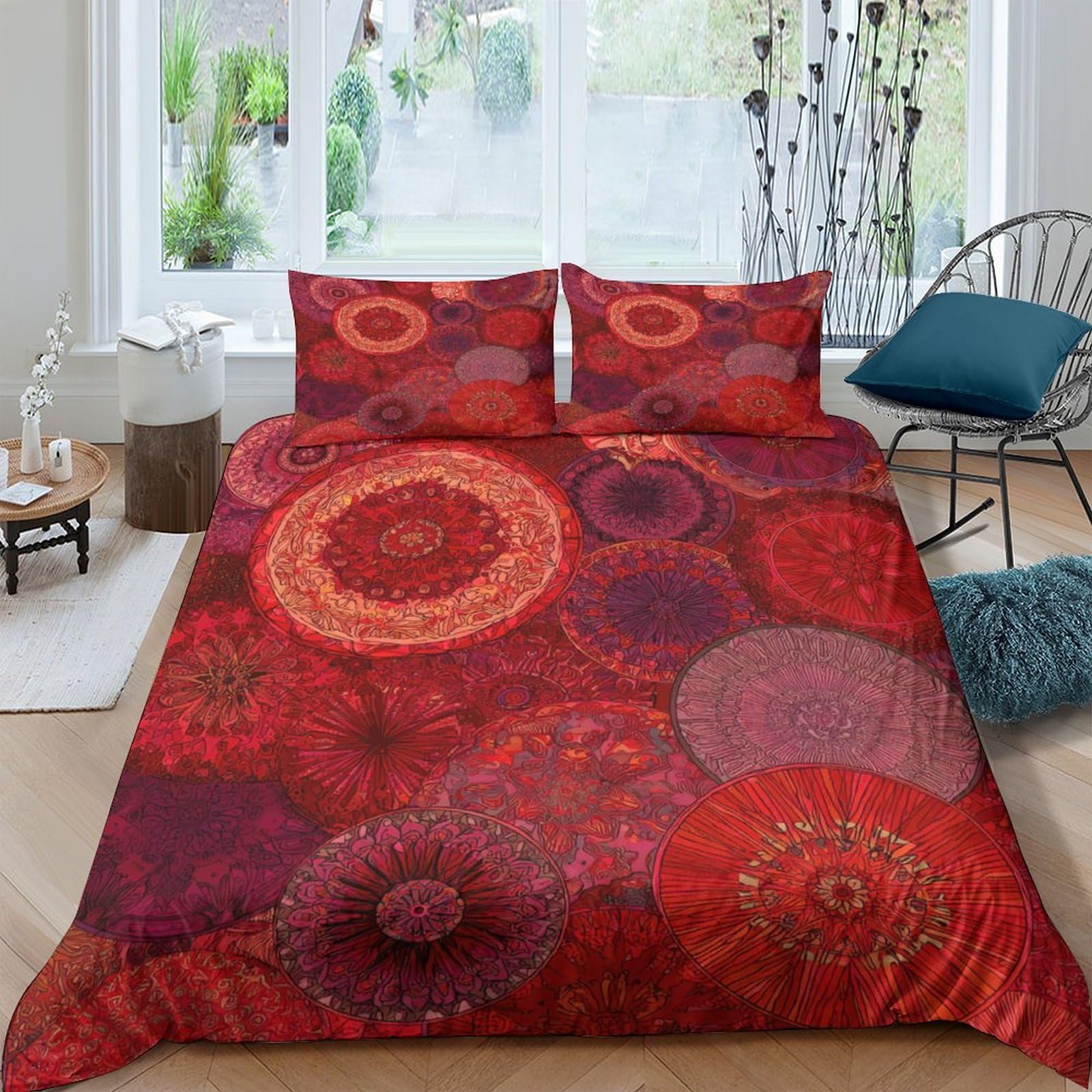 Ctjqhvkz Style-1 3D Printed Red Mandala Fitted Sheet Microfiber Soft Breathable Boho Circle Bed Cover For Bedroom Dorm Mattress Protection Single（135X200cm）