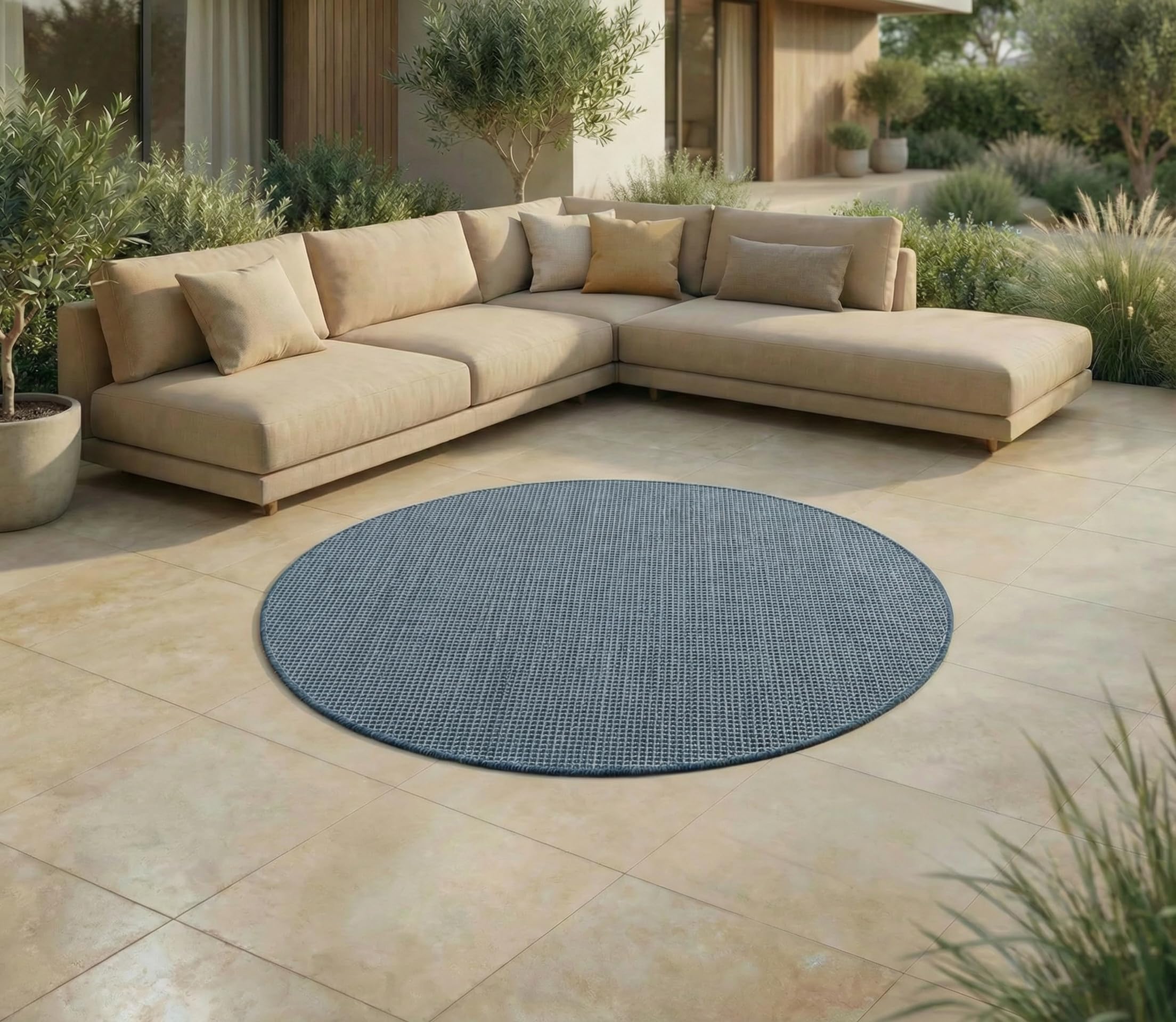 Jimri In- & Outdoor Teppich - Wetterfester Teppich für Balkon, Terrasse, Garten, Wohnzimmer, Küche - Strapazierfähiger Bodenteppich, Widersteht UV-Strahlen & Wasser - Größe 200 cm Rund, Blau