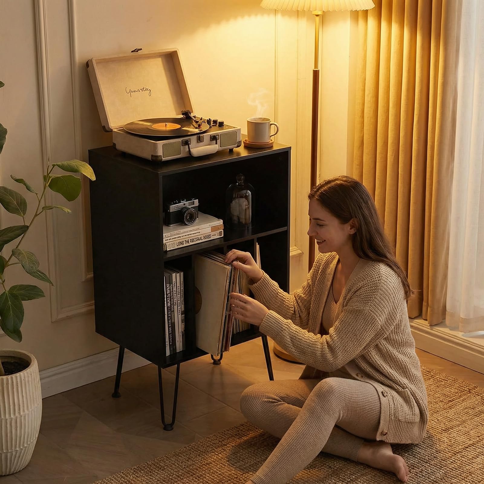 Support de tourne-disque avec rangement de vinyle, armoire de rangement pour disques vinyles pouvant contenir jusqu'à 150 albums, table d'appoint pour tourne-disque, support pour salon, noir