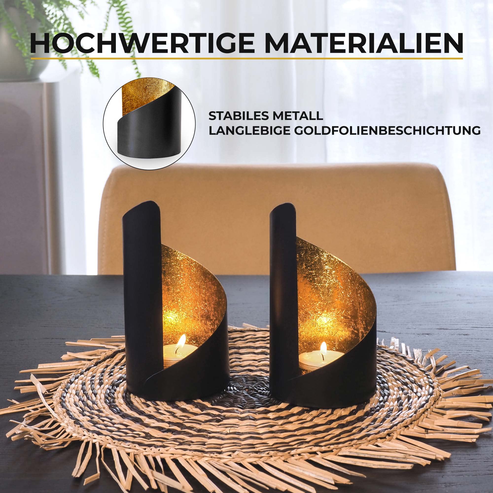 Gadgy Teelichthalter Schwarz Gold - Windlicht Esstisch Deko 2er Set - Teelichthalter Metall Wohnzimmer Modern - Windlicht Metall Deko schwarz - Tischdeko Windlichter schwarz - Wohndeko Set
