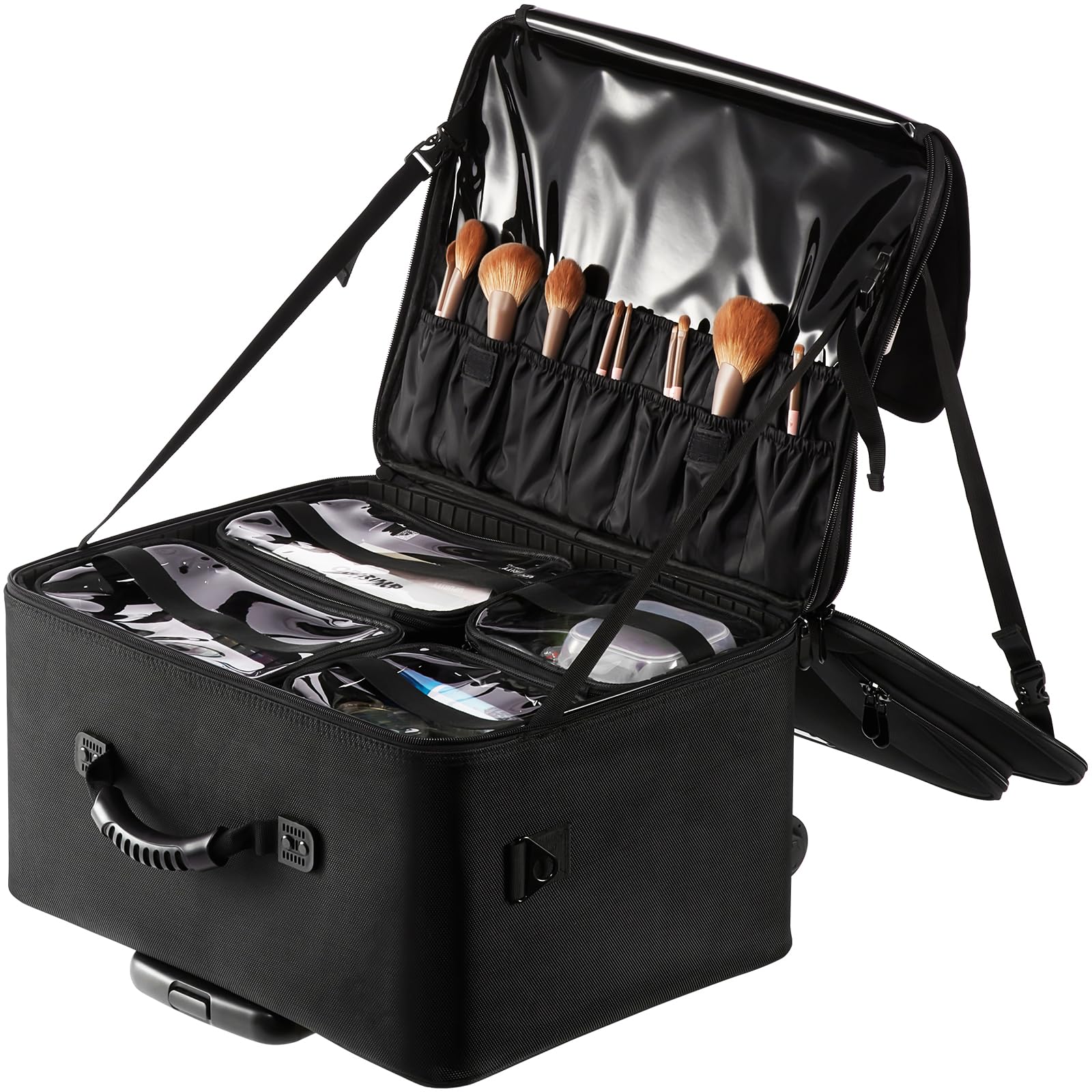 VEVOR Estuche de Maquillaje con Ruedas 3 Niveles, Maleta de Almacenamiento de Transporte con Asas Correa, Caja Bolsa de Maquillaje Oxford Impermeable Negro