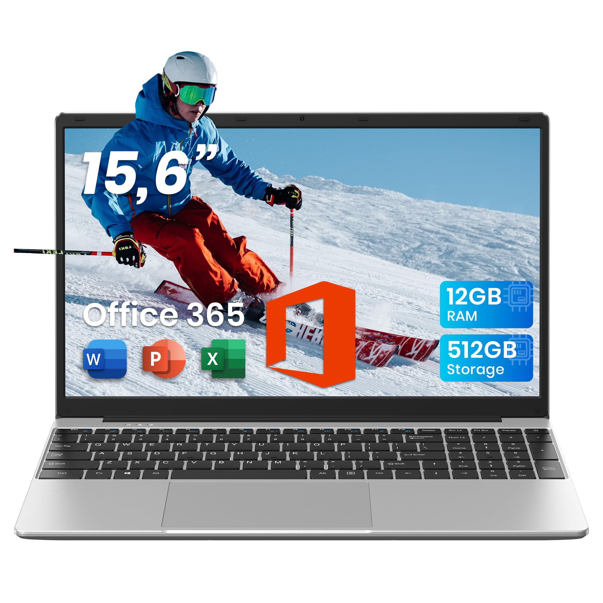 jumper Laptop 15,6 Zoll FHD Display, 12GB RAM 512GB SSD TF Erweitern 512GB, Office 365, 5205U Prozessor, Leichte Business und Studenten Notebook, 2 Stereo-Lautsprecher/Typ-C/USB 3.0/Zehnertastatur - 2