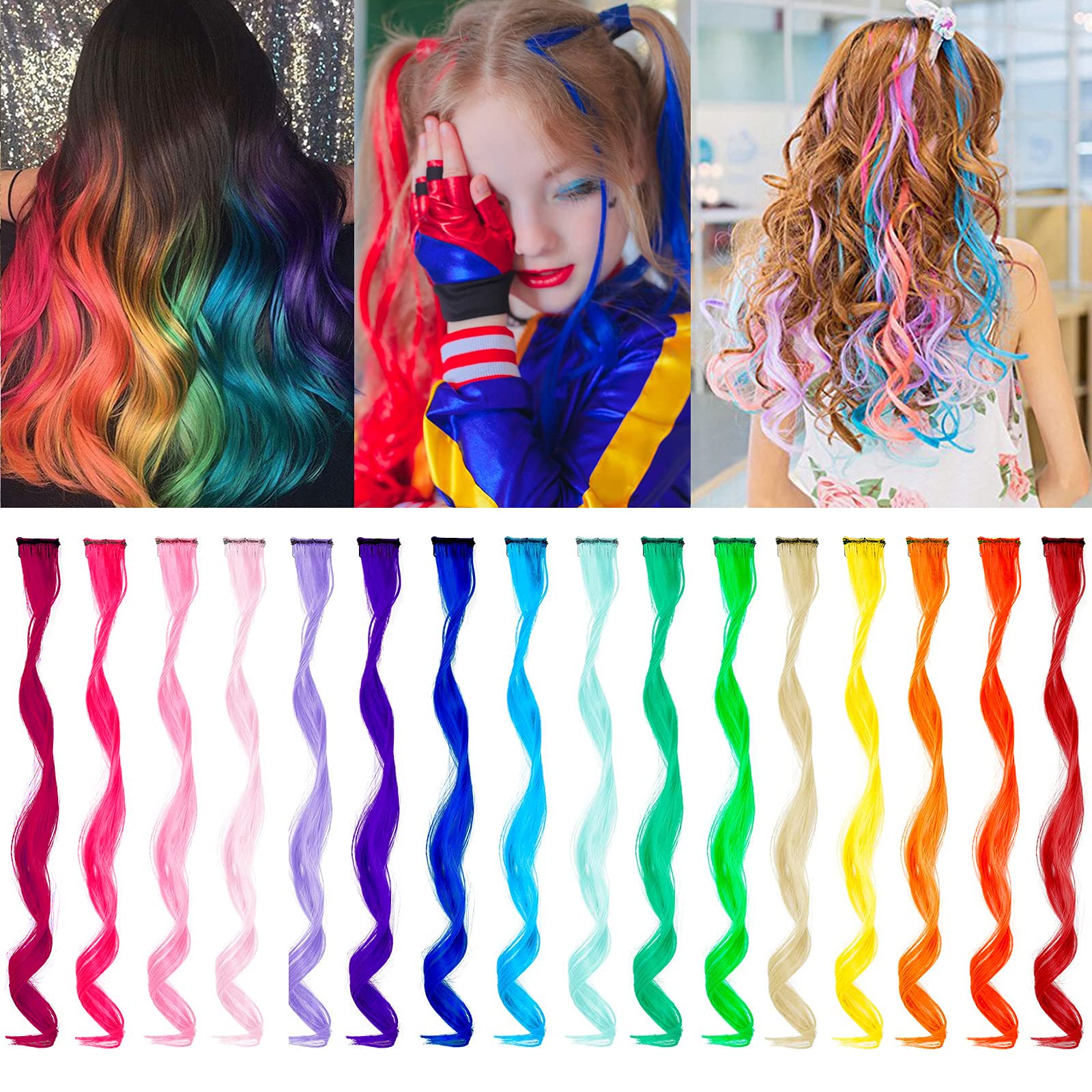 ZSIIBO 16 Pcs Colored Hair Extensions Clip in for kids Girls women Party Highlights Colorful Curly Wavy Hairpieces DIY Hair Accessories Gift (16 Colors)