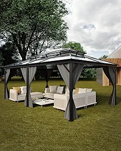 Hardtop Gazebo 12'x20' for All Weather, Double Polycarbonate Sheets Roof, Aluminum Alloy Frame, Net, and Curtain, Permanent Building for Patio, Deck, Backyard, Lawn, and Garden, Gray