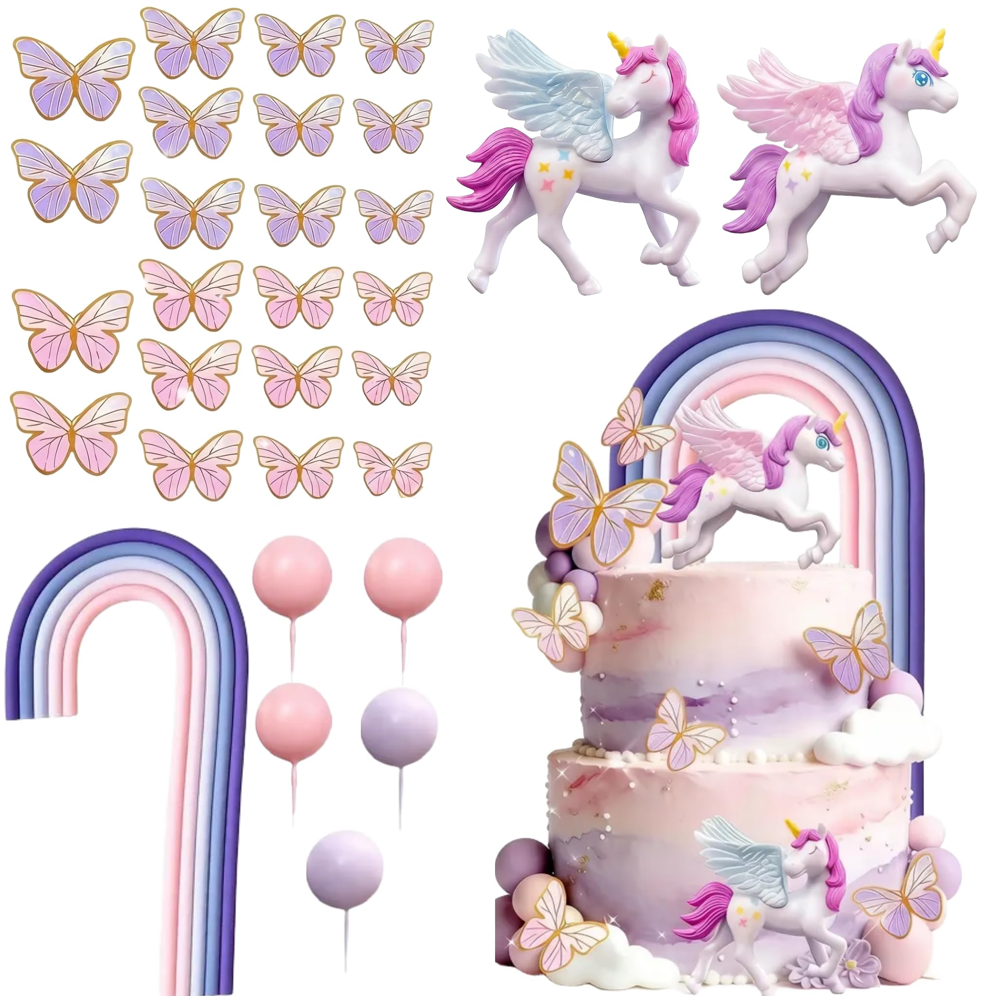 Satiskid 30PCS Unicorn Cake Topper Set, Magic Unicorn Birthday Cake Decorations, Rainbow Balloon Butterfly 3D Toppers for Girls Kids Party Cupcake Dessert Table