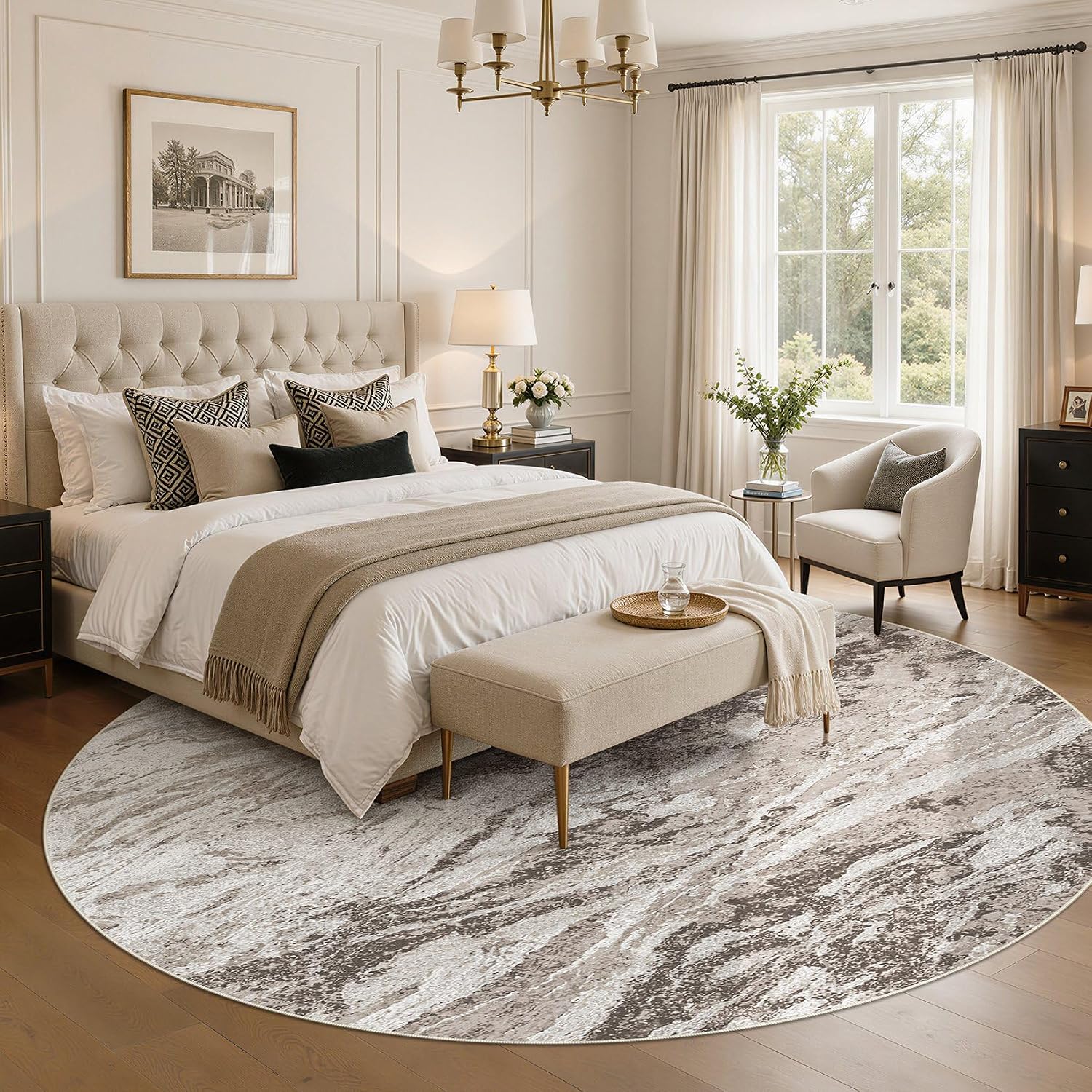 Area Rugs for Living Room: 8ft Round Abstract Washable Rug Modern Neutral Large Soft Stain Resistant Non-Slip for Bedroom Dining Room Indoor Home Office Carpet - Brown image 3