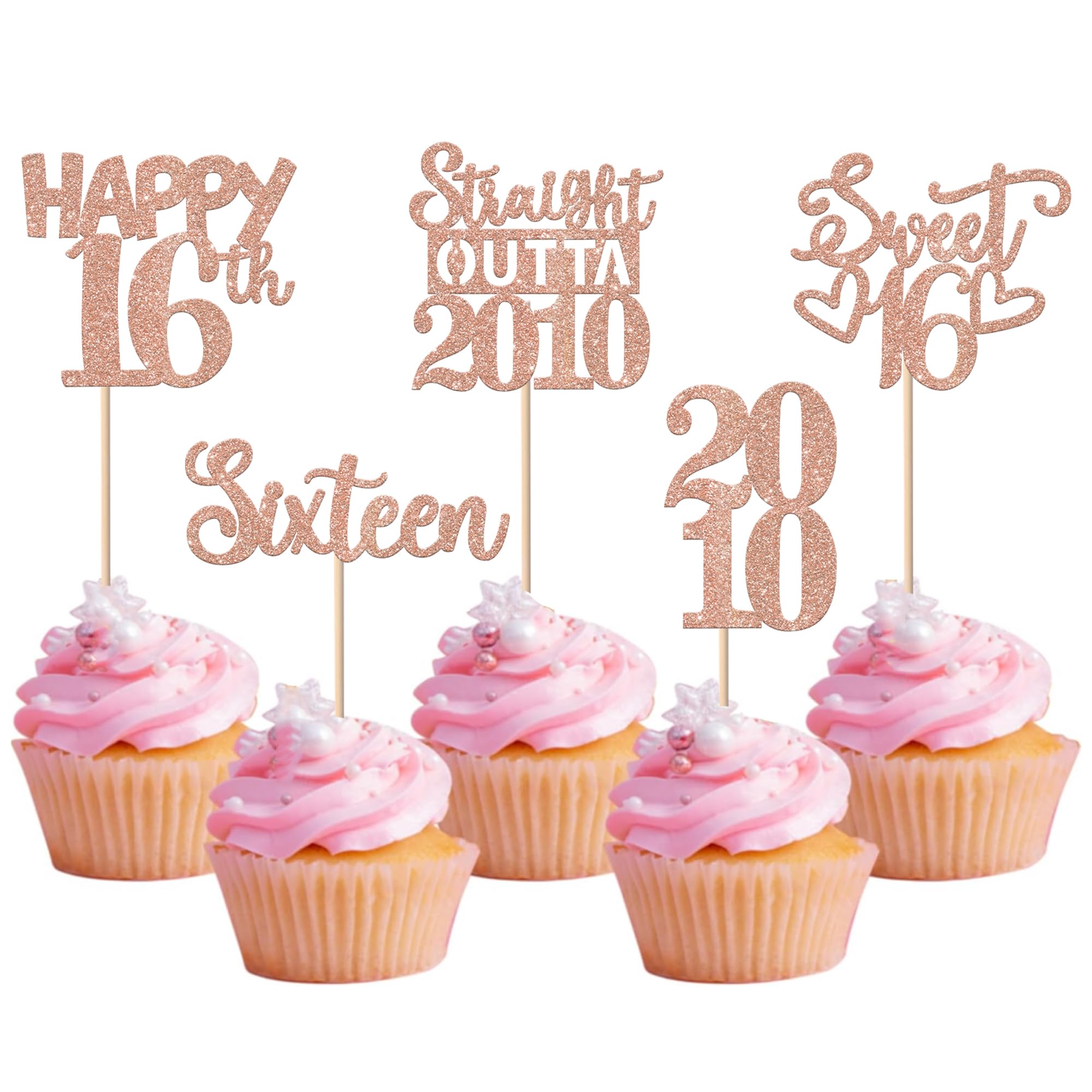 Xsstarmi 30 Pack Happy 16th Birthday Cupcake Toppers Glitter Sweet 16 Straight Outta 2010 Cupcake Picks for Cheers to 16 Years 16th Birthday Anniversary Party Cake Decorations Rose Gold
