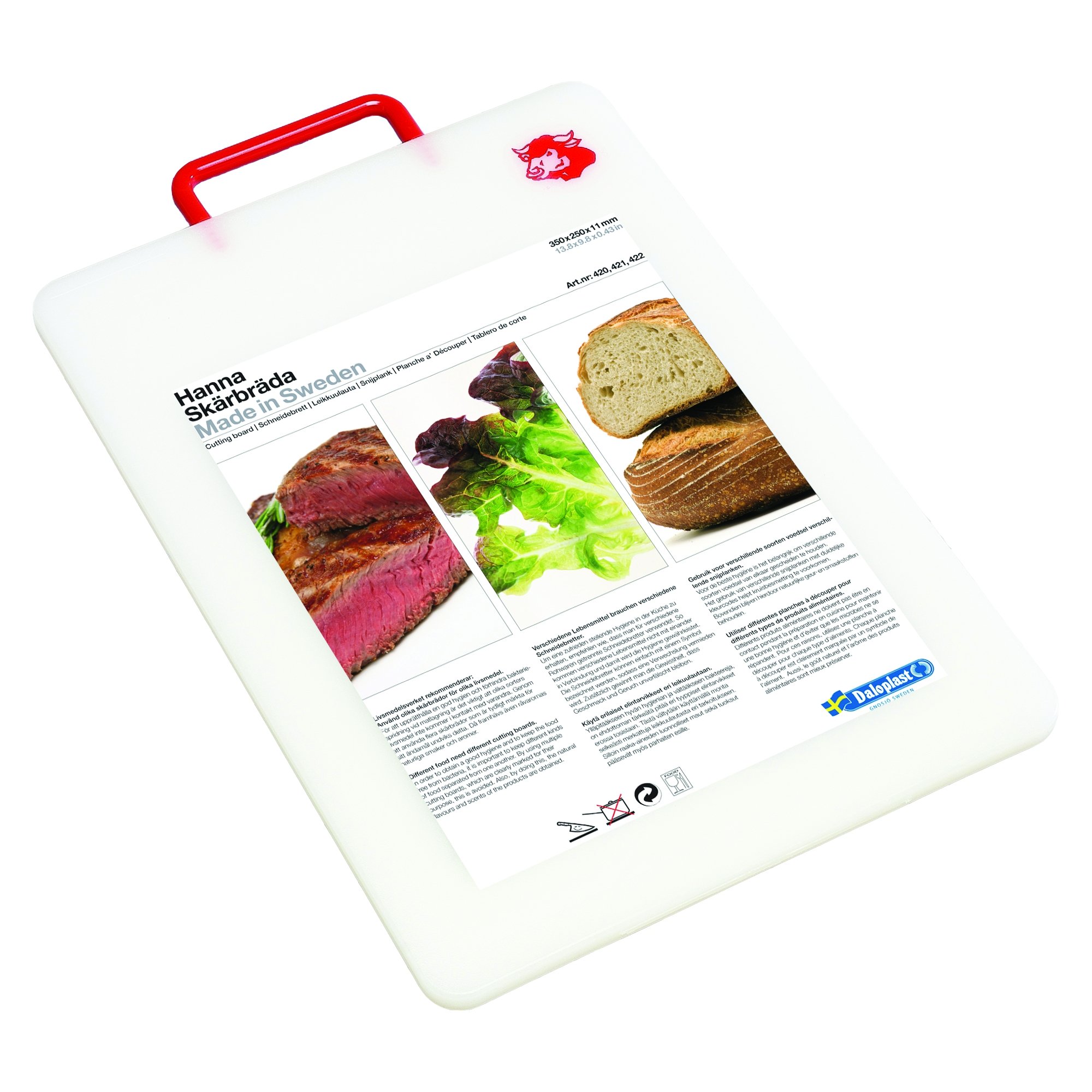 Hanna Cutting Board - Made in Sweden - BPA Free and Dishwasher Safe - large cutting board - Doubles as Plastic Cheese Board for Kitchen - Clear with Red Handle - 15” x 9 3/4" x