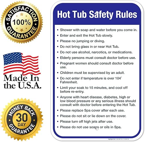 Vista 63 de Letrero de reglas de seguridad para bañera de hidromasaje, cartel de piscina, 10 x 14 pulgadas, libre de óxido, aluminio 040, resistente a
