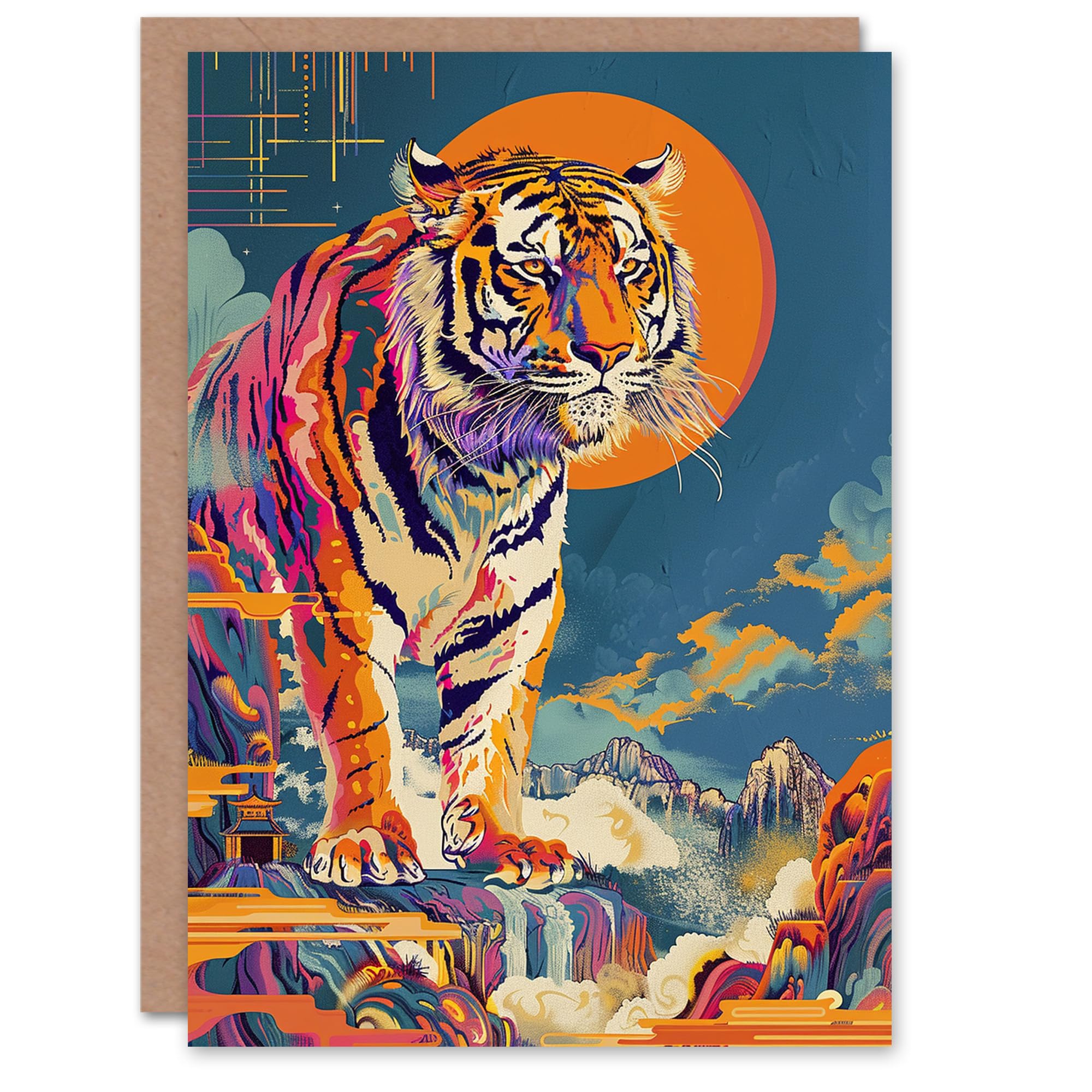 Artery8 Birthday Card Tiger Colourful Japanese Temple Waterfall For Him Man Male Dad Brother Son Papa Grandad Greeting Card