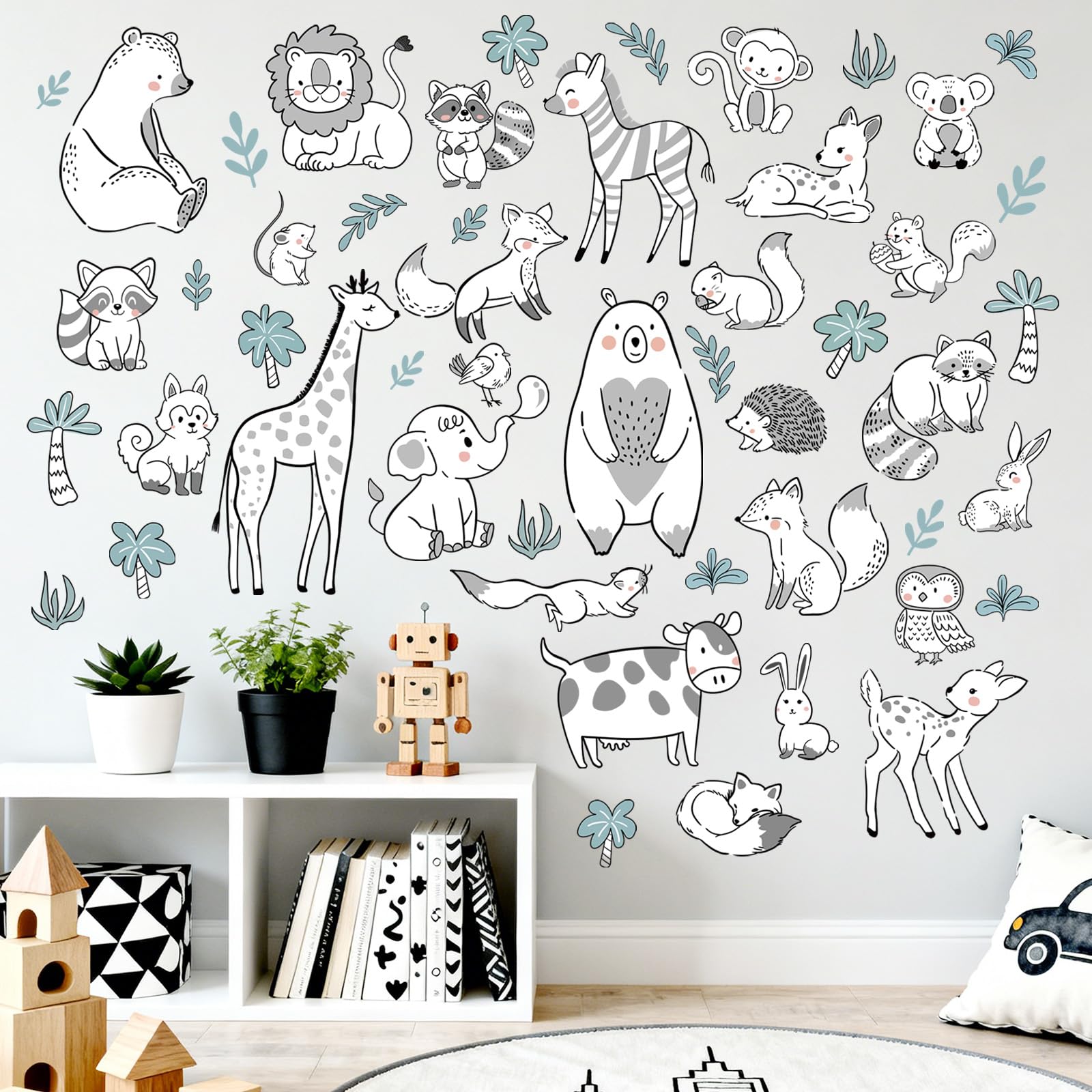 FUFUQUARE Black Line Animals Wall Stickers Kids Cartoon Tigger Rabbit Wall Art Decals PVC Removable for Nursery Boys Bedroom Living Room Classroom