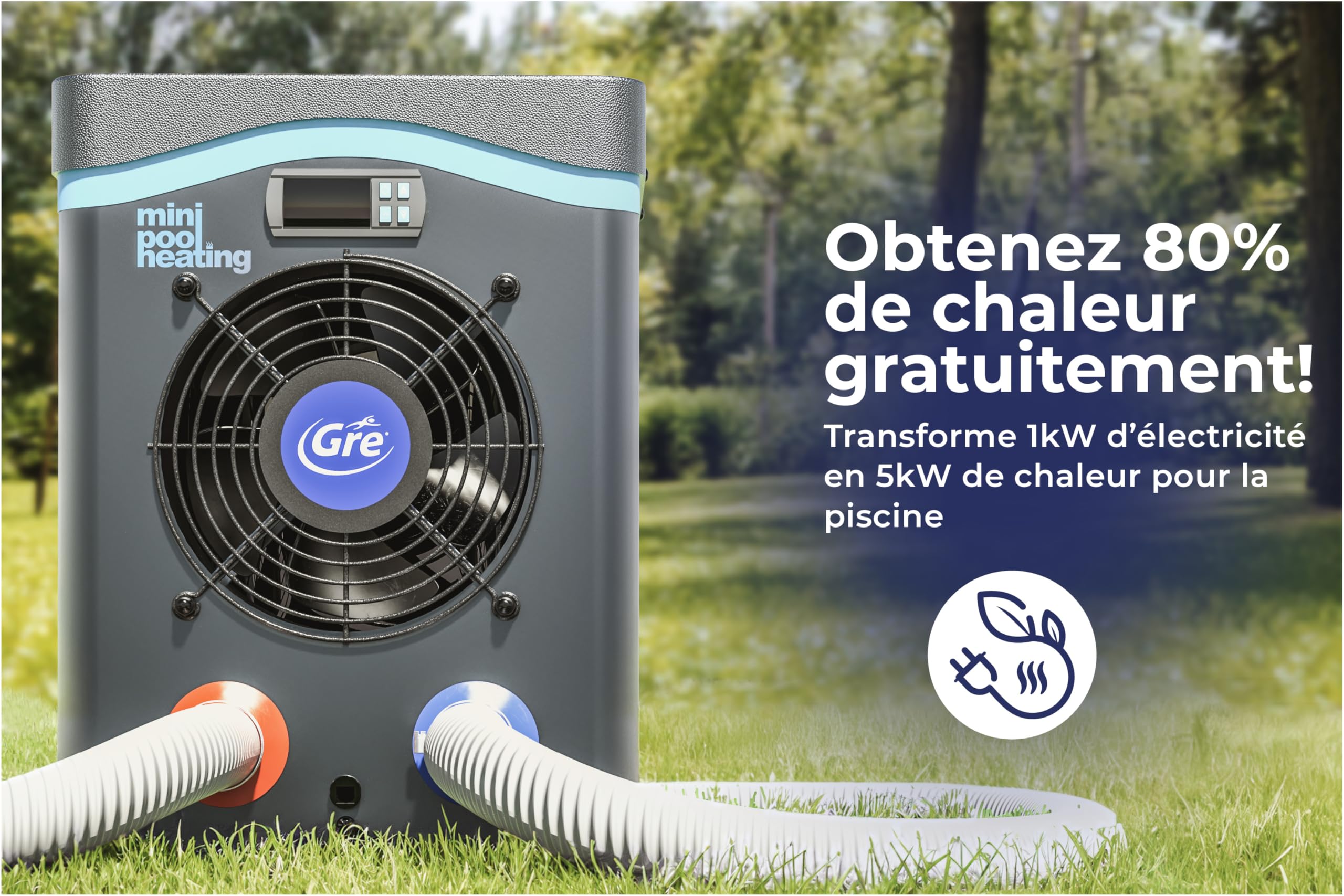 Gre HPM20 - Mini pompe à chaleur pour piscines hors-sol jusqu'à 20 m³, chauffage pour piscines hors-sol. Couleur grise