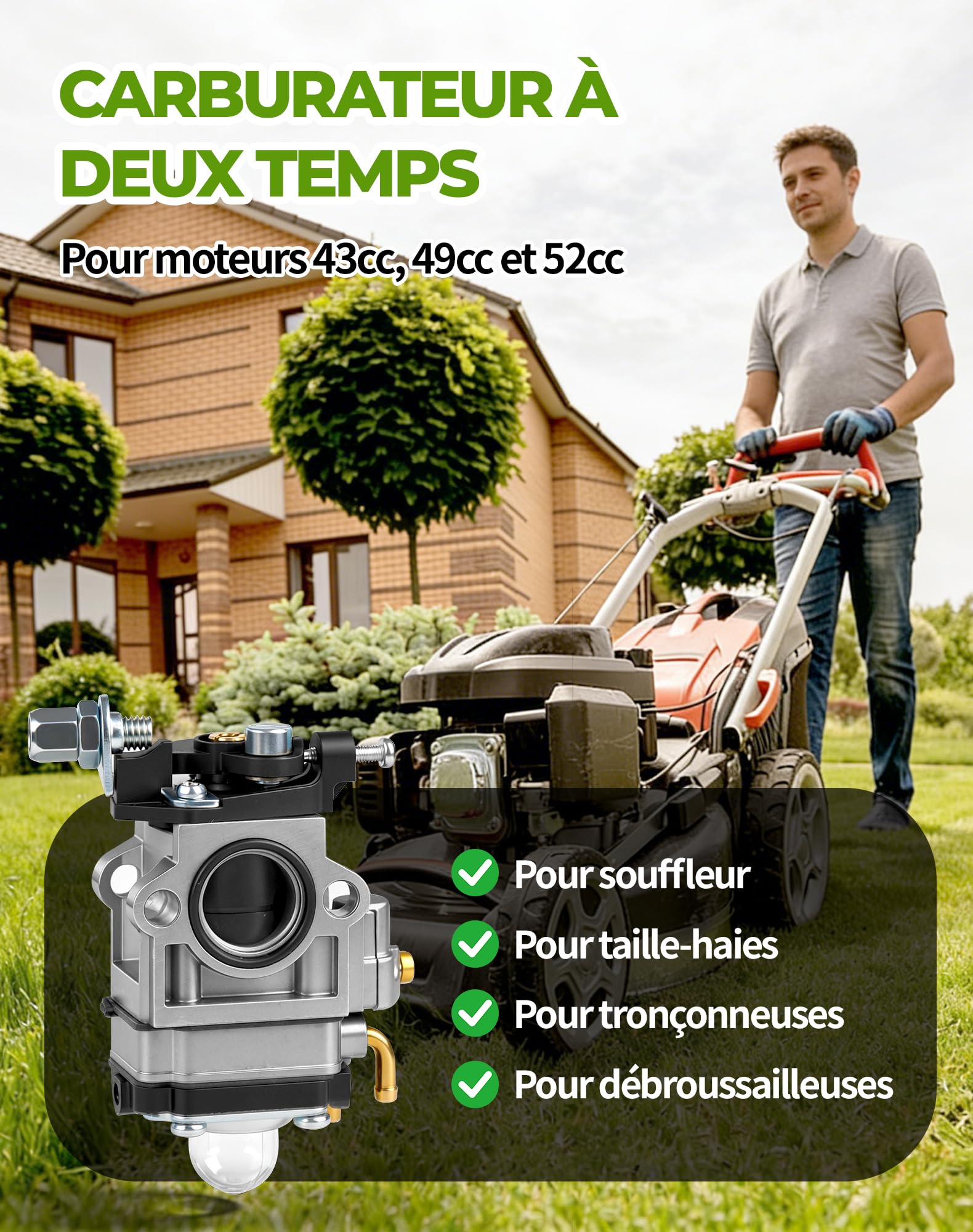 LUNEKUCK Carburateur Debroussailleuse 52cc 49cc 43cc Carburateur pour Moteur à Deux Temps Kit Carbu avec Bougie d'Allumage Durite Essence Joint Pompe Amorçage - 5