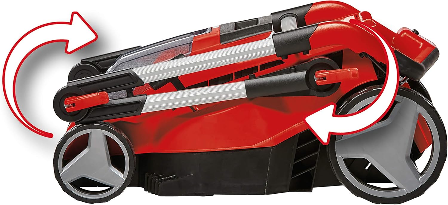 review Einhell GE-CM 36-Volt Cordless 15-In Walk Behind Push Lawn Mower w/ 6-Position Height Adjustment, Adjustable Handle, 11.9 Gal Capactiy Collection Bag, Kit (w/2x 4.0-Ah Battery + Dualport Fast Charger)