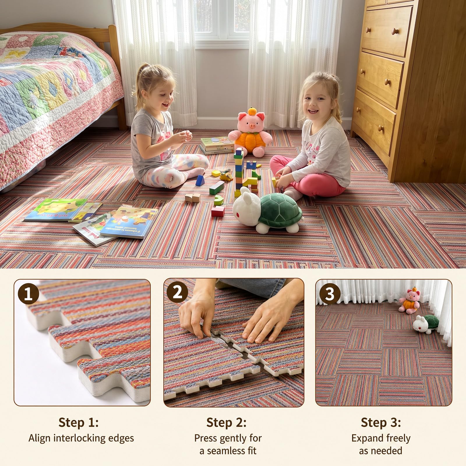 12 Pièces Tapis Puzzle, Dalle Mousse, Carreaux de Sol Emboîtables en Lin, Tapis Mousse Chambre Enfant, pour Salon et Chambre à Coucher, 30 x 30 cm - Rouge-Bleu