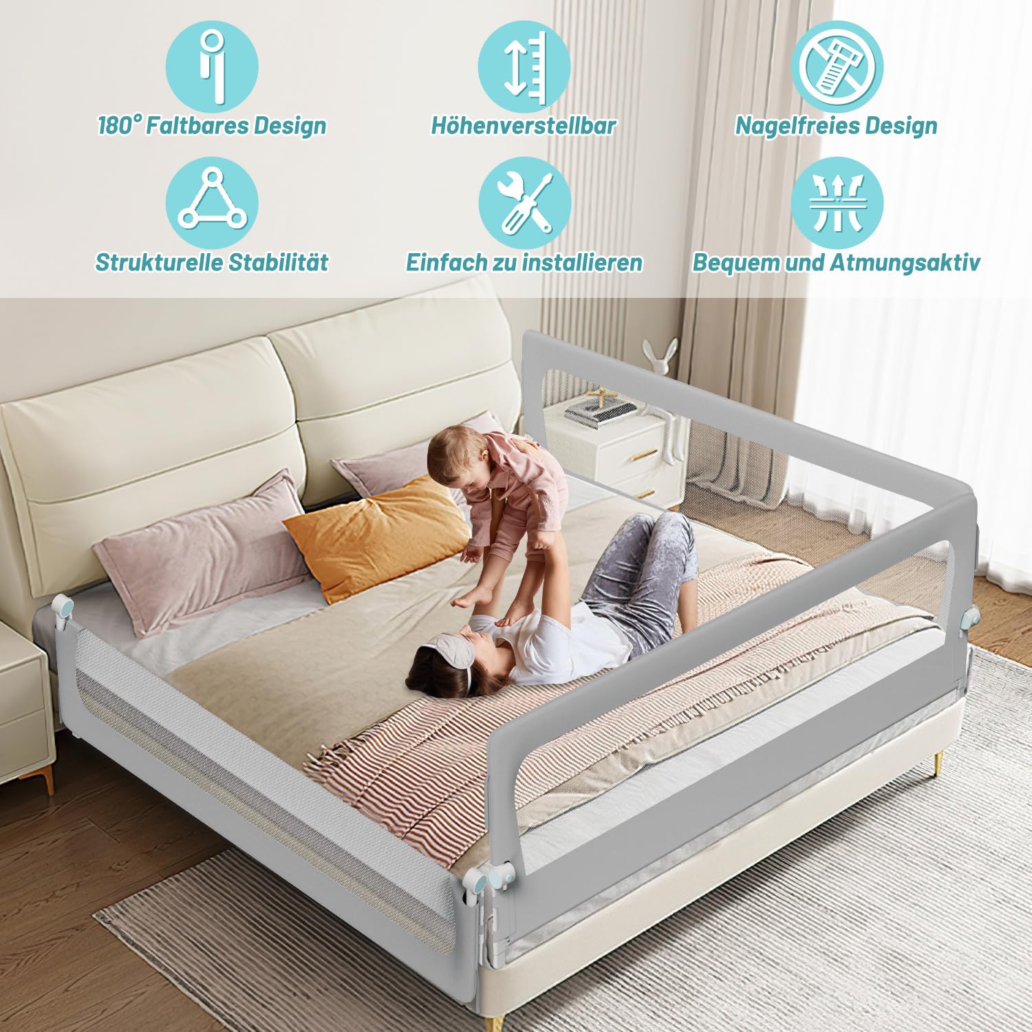 Bettschutzgitter 200×68 cm Rausfallschutz Bett – extra breites halb klappbares Bettgitter für Baby & Kleinkind, höhenverstellbar 72–86 cm, Stabiler Trapezfuß, 300G Oxford-Stoff, Grau
